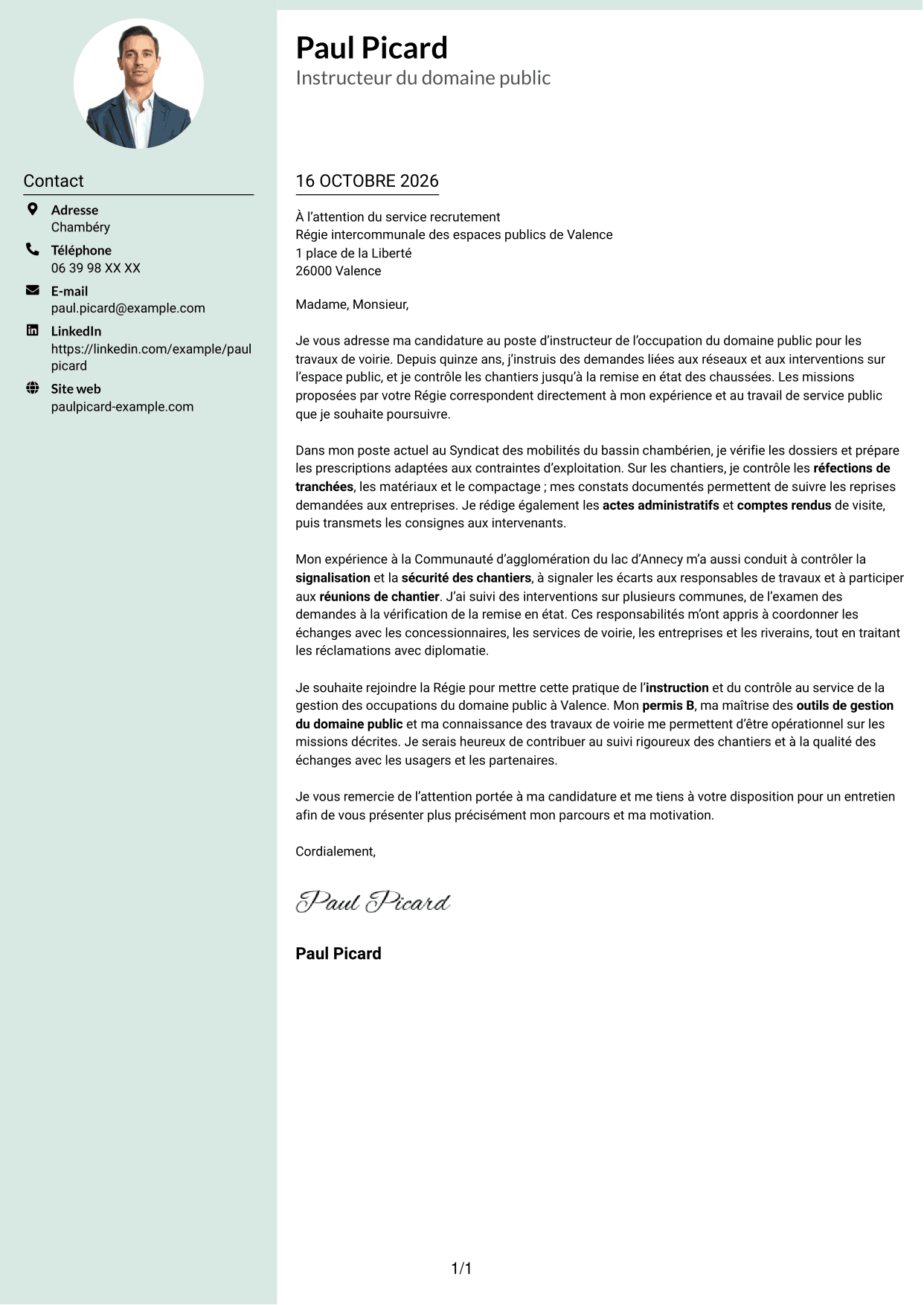 Lettre de motivation Cadre (format à colonne latérale douce avec photo arrondie) : Instructeur de l’occupation du domaine public - Travaux de voirie, page 1
