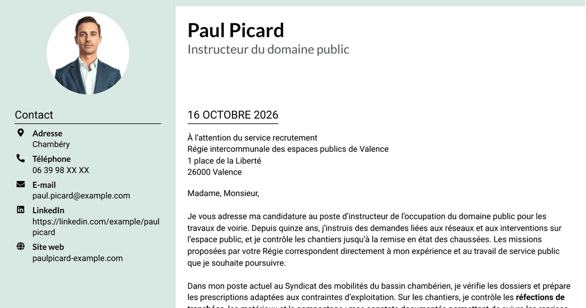 7 modèles de lettre de motivation pour Instructeur de l’occupation du domaine public - Travaux de voirie, avec exemples