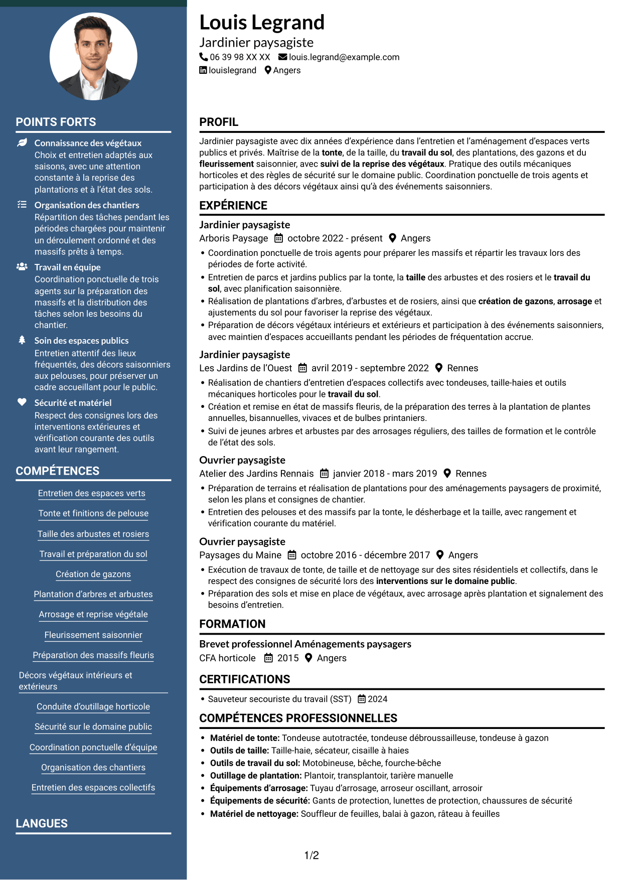 CV Élégant (format à colonne latérale colorée avec photo) : Jardinier paysagiste - Entretien des espaces verts, page 1