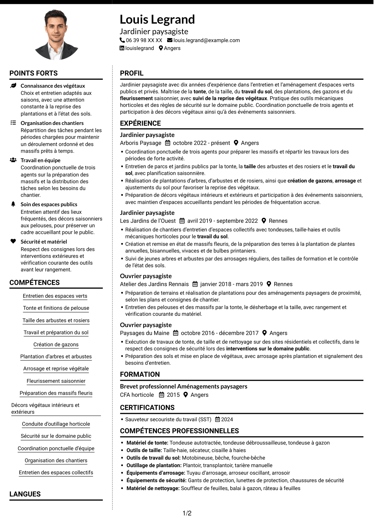 CV Moderne (format à deux colonnes avec photo à gauche et séparateur) : Jardinier paysagiste - Entretien des espaces verts, page 1