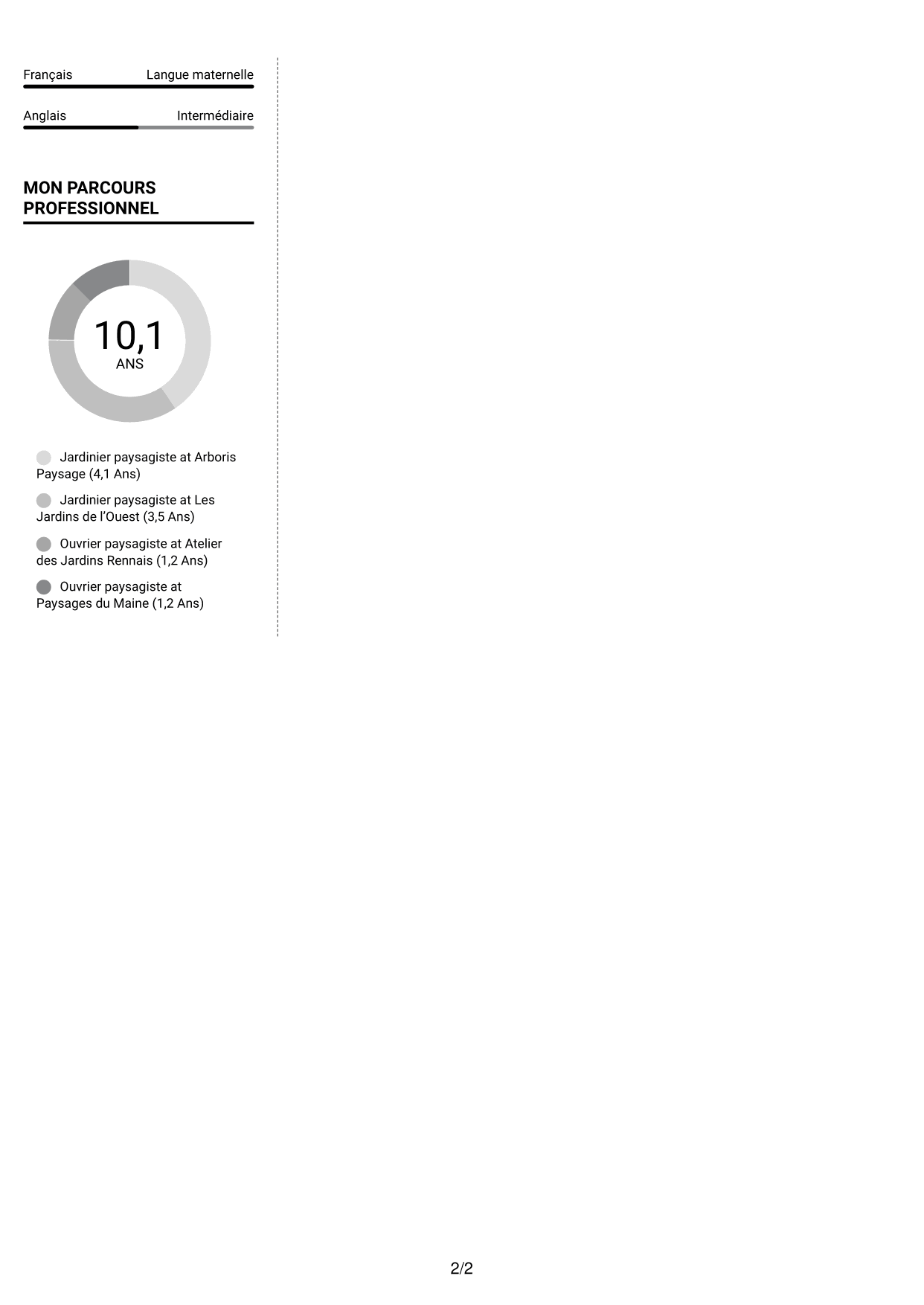 CV Moderne (format à deux colonnes avec photo à gauche et séparateur) : Jardinier paysagiste - Entretien des espaces verts, page 2