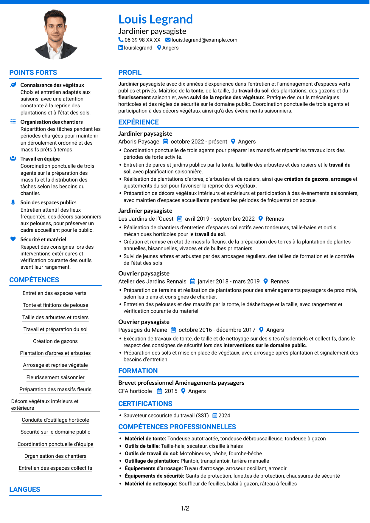 CV Audacieux (format à deux colonnes avec accents colorés et photo) : Jardinier paysagiste - Entretien des espaces verts, page 1