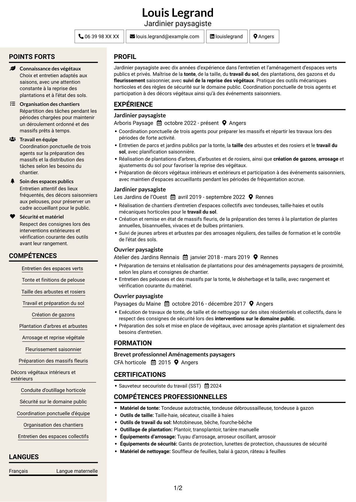 CV Fonceur (format à deux colonnes avec en-tête centré sans photo) : Jardinier paysagiste - Entretien des espaces verts, page 1