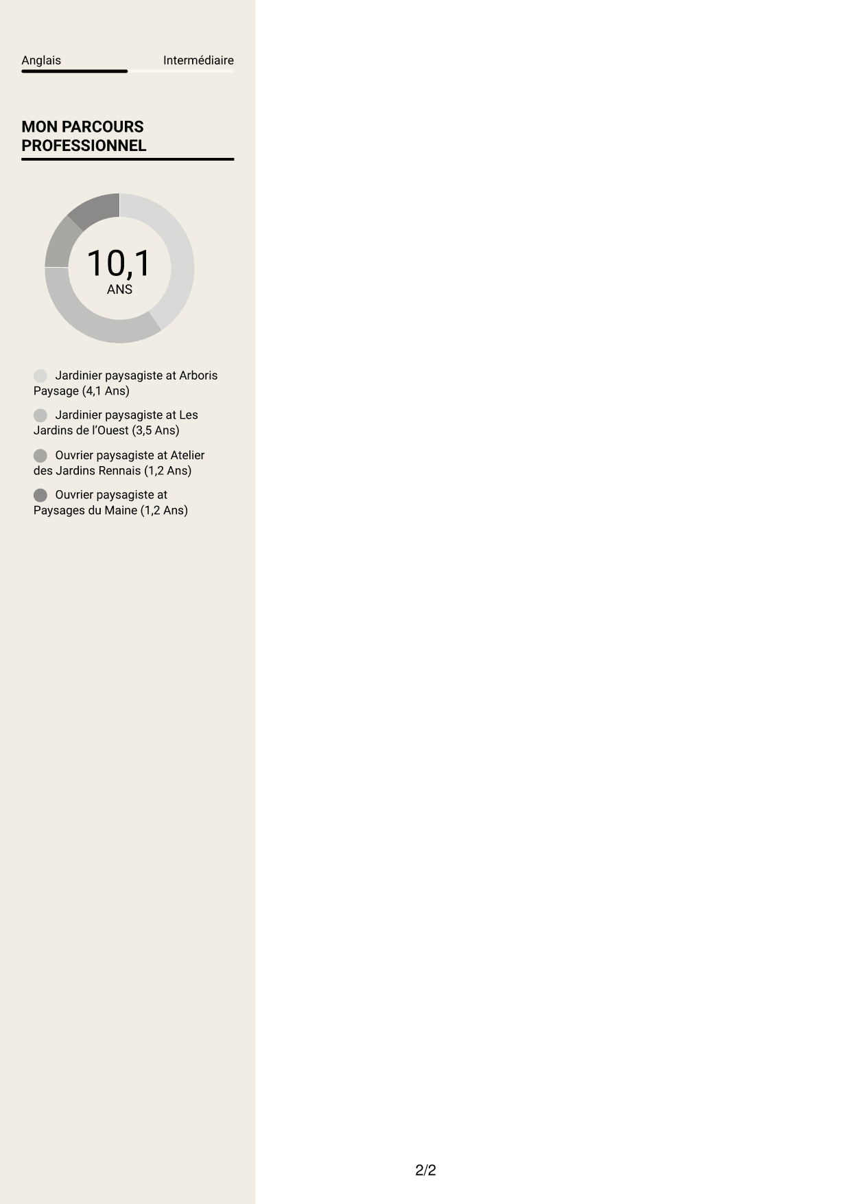 CV Fonceur (format à deux colonnes avec en-tête centré sans photo) : Jardinier paysagiste - Entretien des espaces verts, page 2