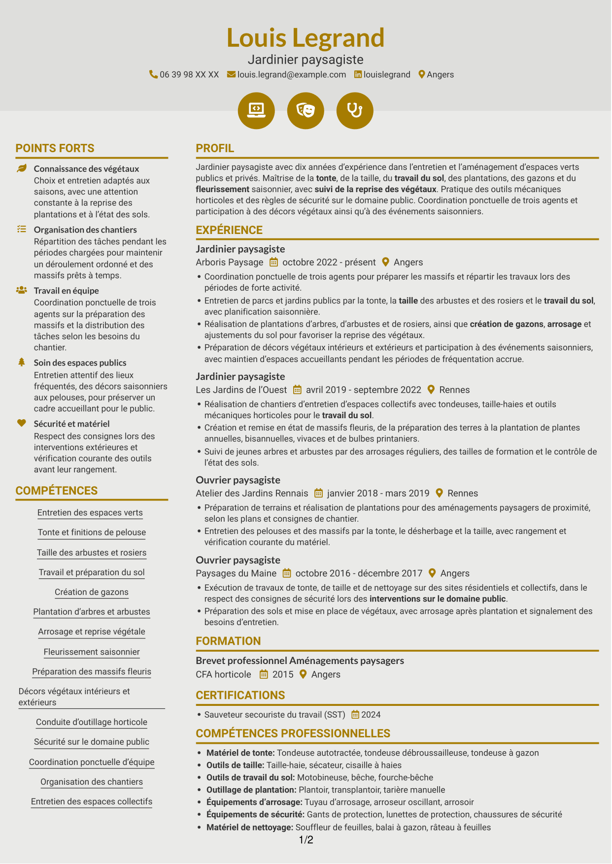 CV Dynamique (format à deux colonnes avec icônes) : Jardinier paysagiste - Entretien des espaces verts, page 1