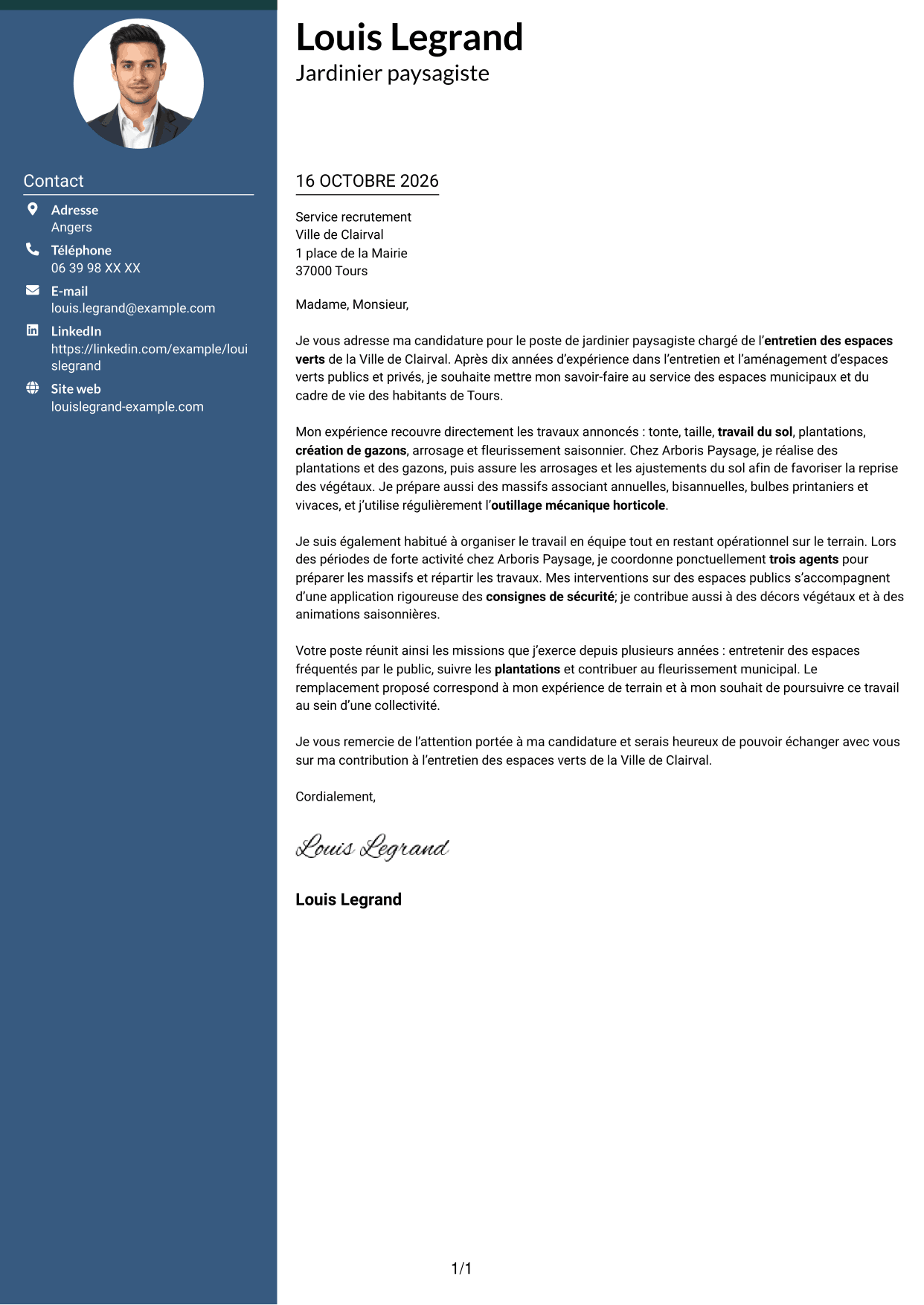 Lettre de motivation Élégant (format à colonne latérale colorée avec photo) : Jardinier paysagiste - Entretien des espaces verts, page 1