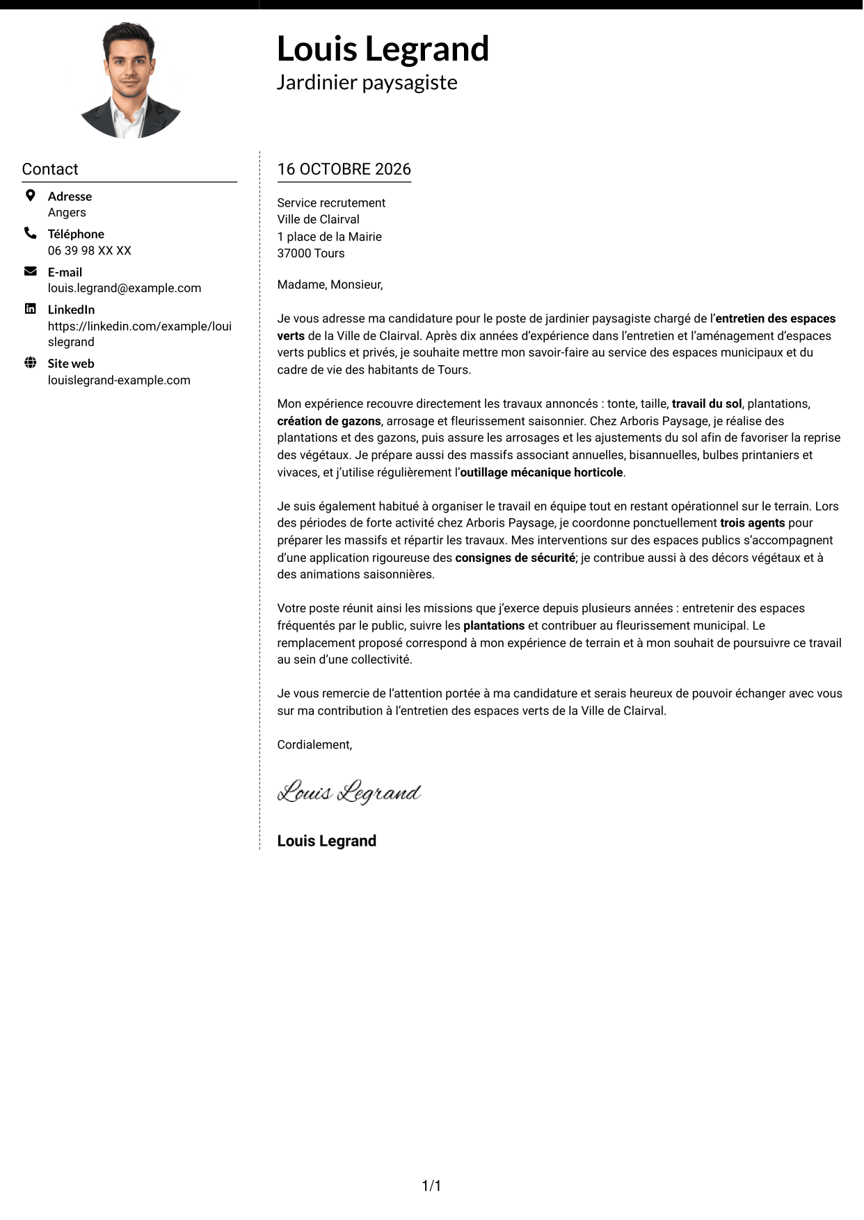 Lettre de motivation Moderne (format à deux colonnes avec photo à gauche et séparateur) : Jardinier paysagiste - Entretien des espaces verts, page 1