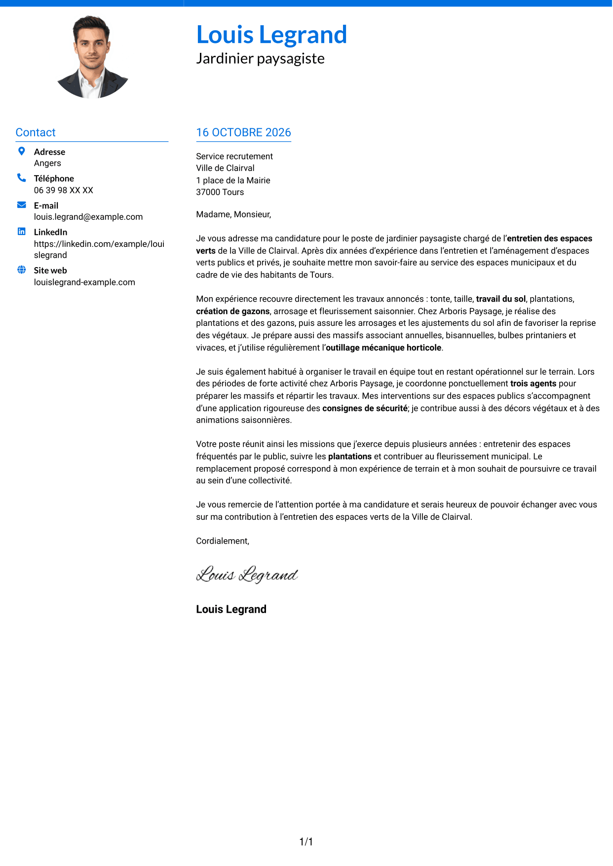 Lettre de motivation Audacieux (format à deux colonnes avec accents colorés et photo) : Jardinier paysagiste - Entretien des espaces verts, page 1