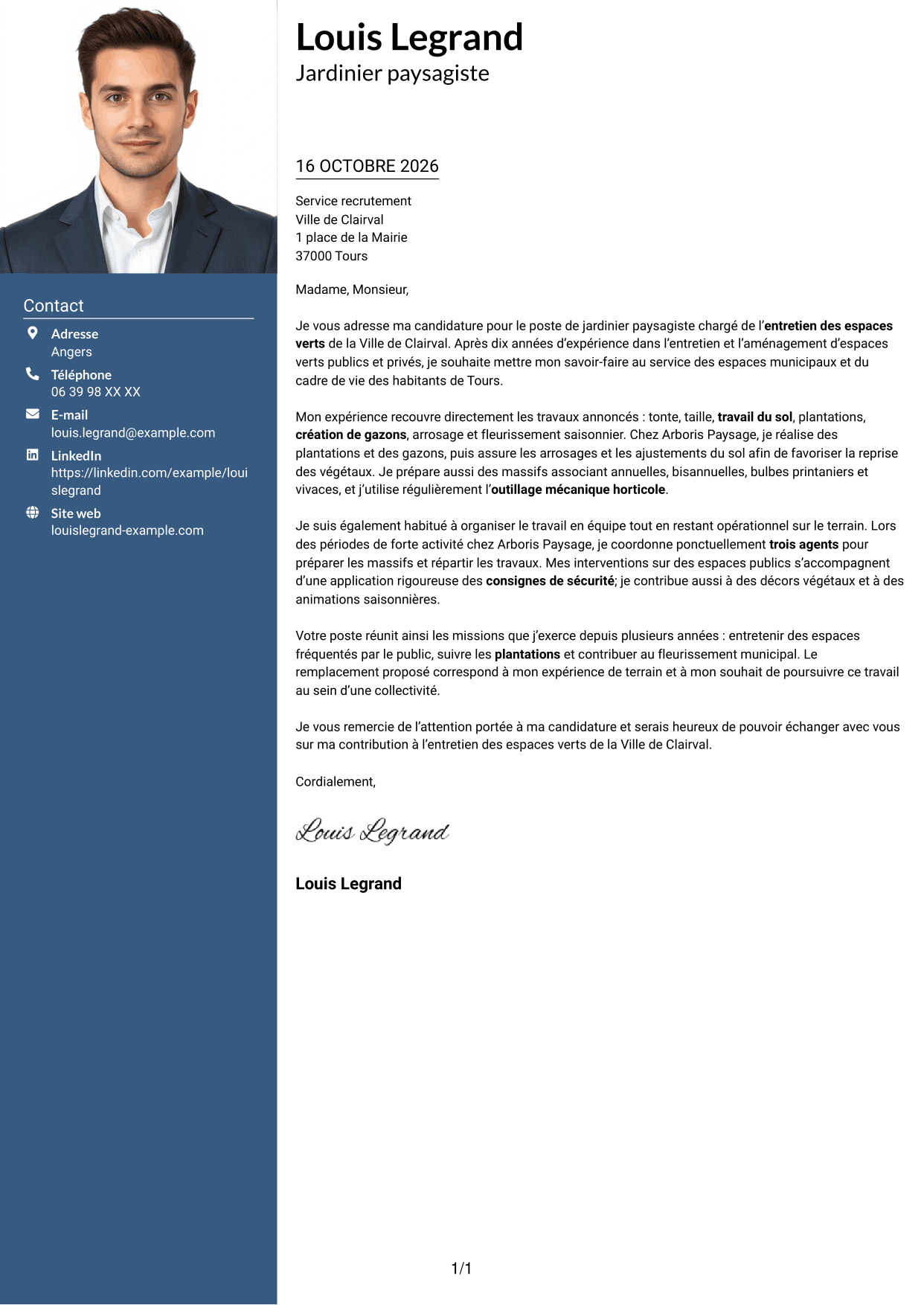 Lettre de motivation Signature (format à colonne latérale colorée avec grande photo) : Jardinier paysagiste - Entretien des espaces verts, page 1