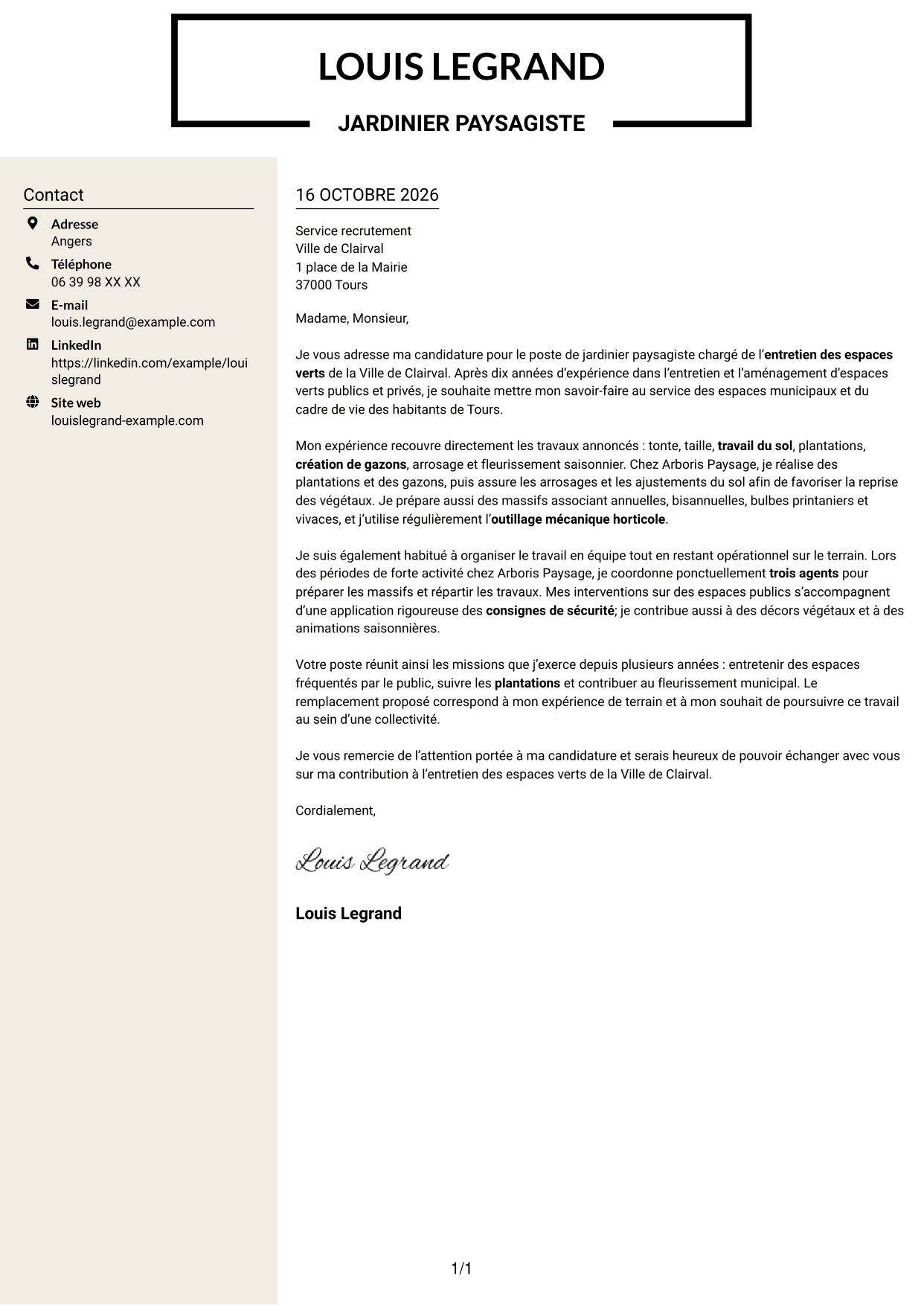 Lettre de motivation Fonceur (format à deux colonnes avec en-tête centré sans photo) : Jardinier paysagiste - Entretien des espaces verts, page 1