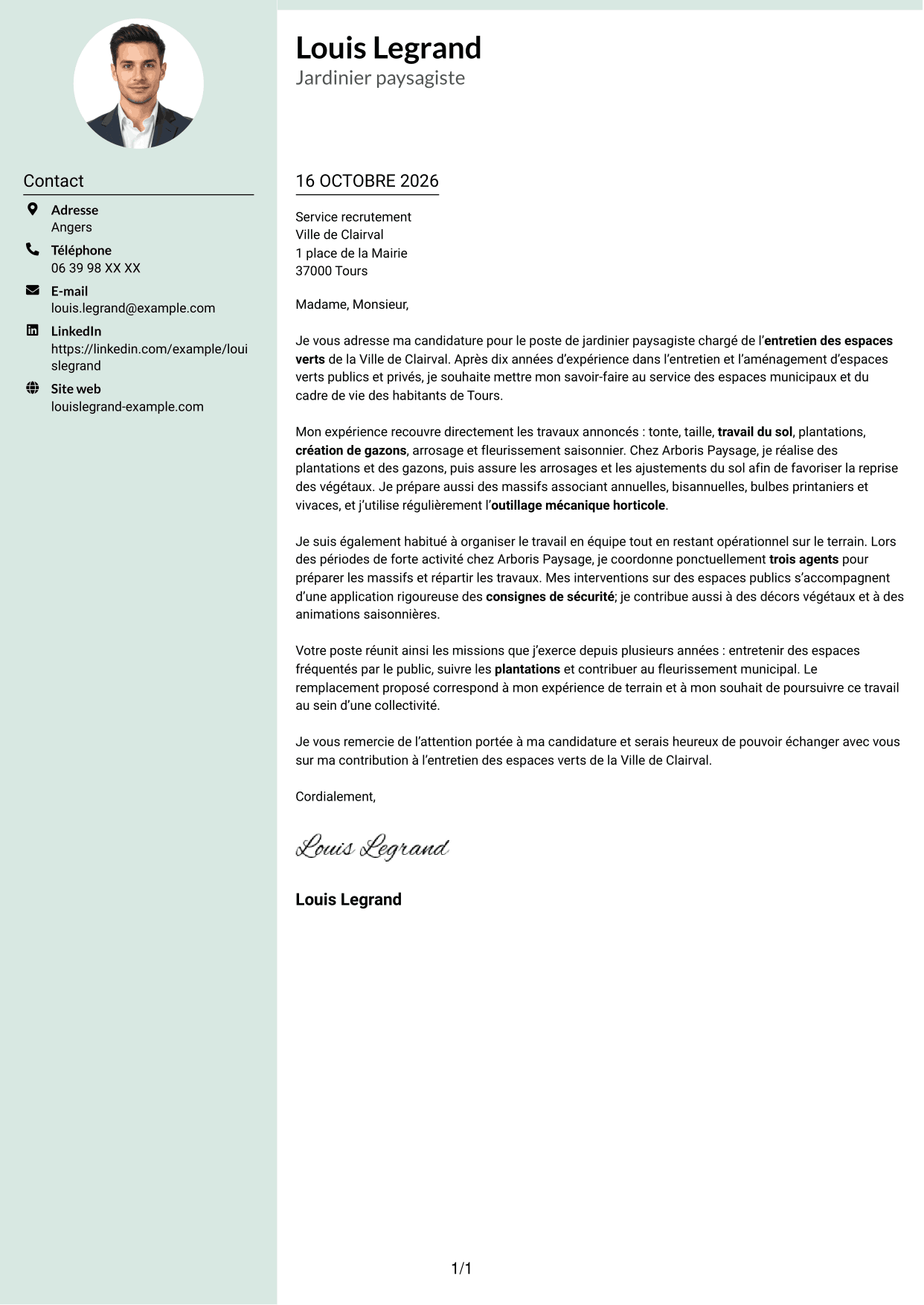 Lettre de motivation Cadre (format à colonne latérale douce avec photo arrondie) : Jardinier paysagiste - Entretien des espaces verts, page 1