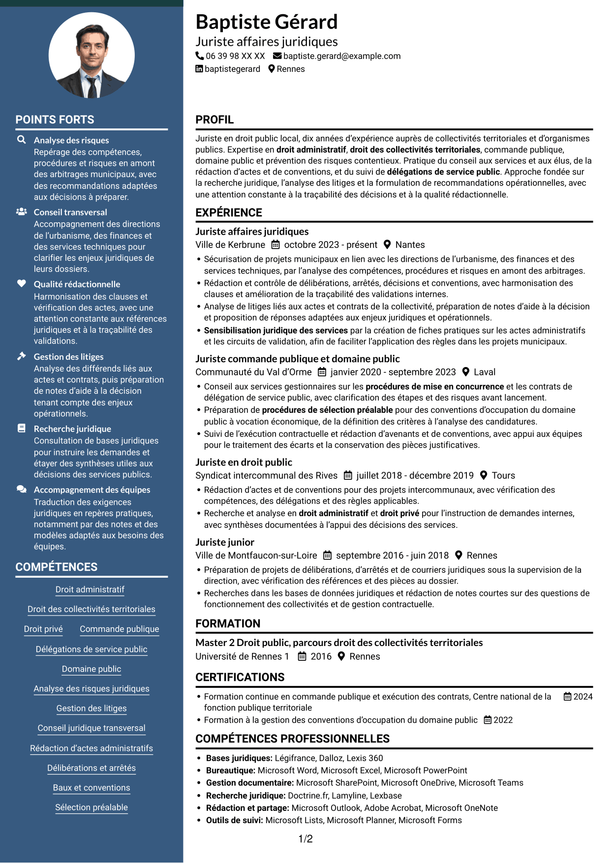 CV Élégant (format à colonne latérale colorée avec photo) : Juriste généraliste - Droit des collectivités territoriales, page 1