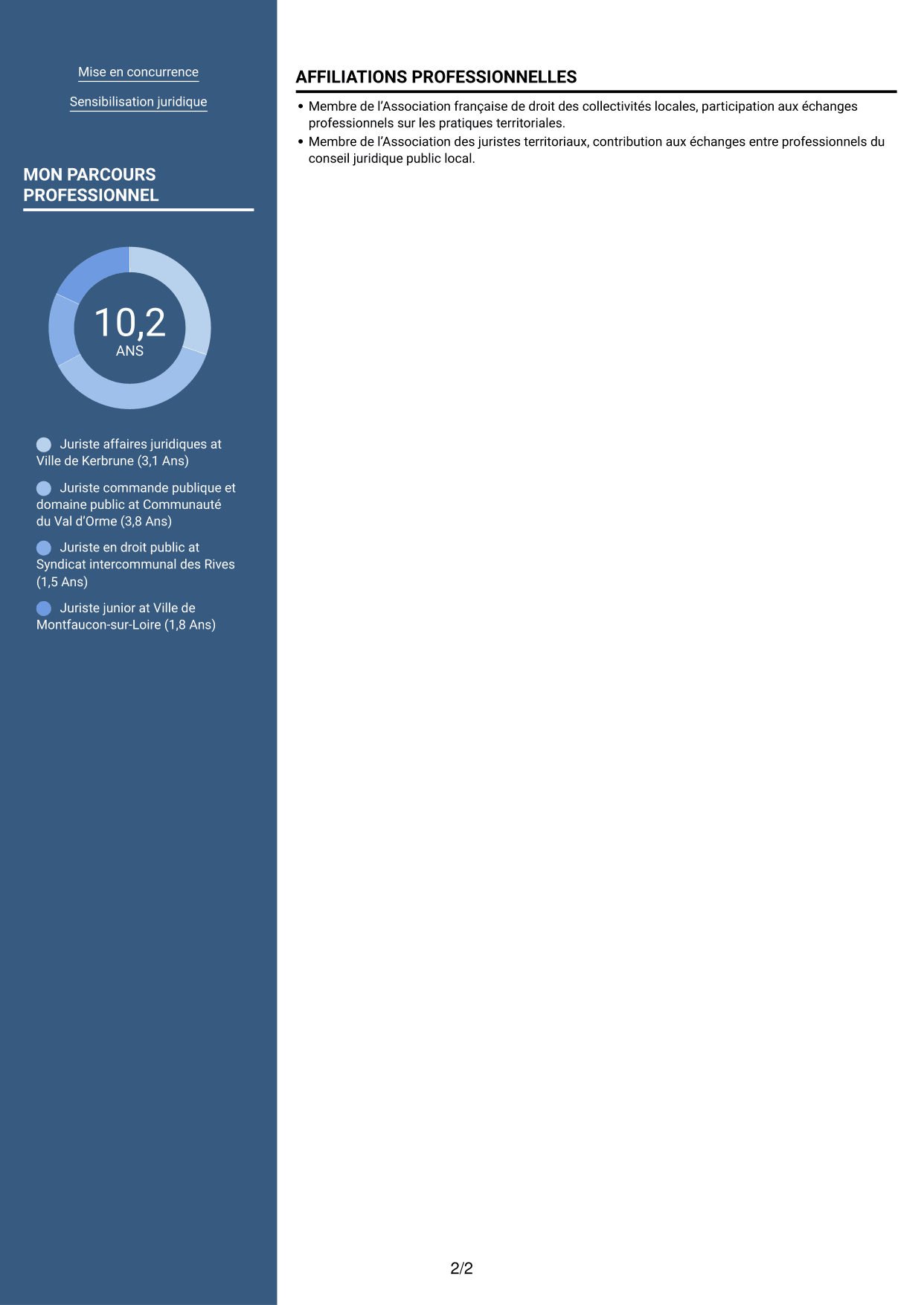 CV Élégant (format à colonne latérale colorée avec photo) : Juriste généraliste - Droit des collectivités territoriales, page 2