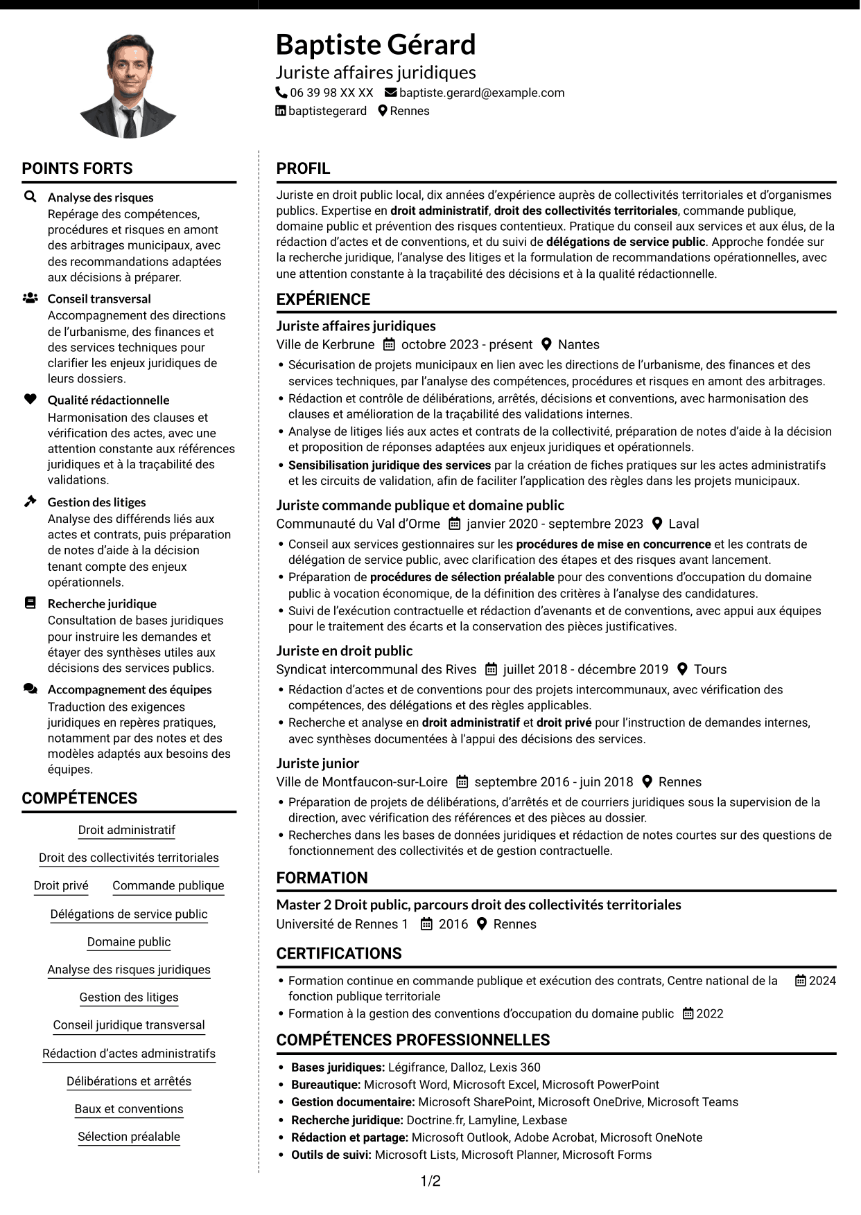 CV Moderne (format à deux colonnes avec photo à gauche et séparateur) : Juriste généraliste - Droit des collectivités territoriales, page 1