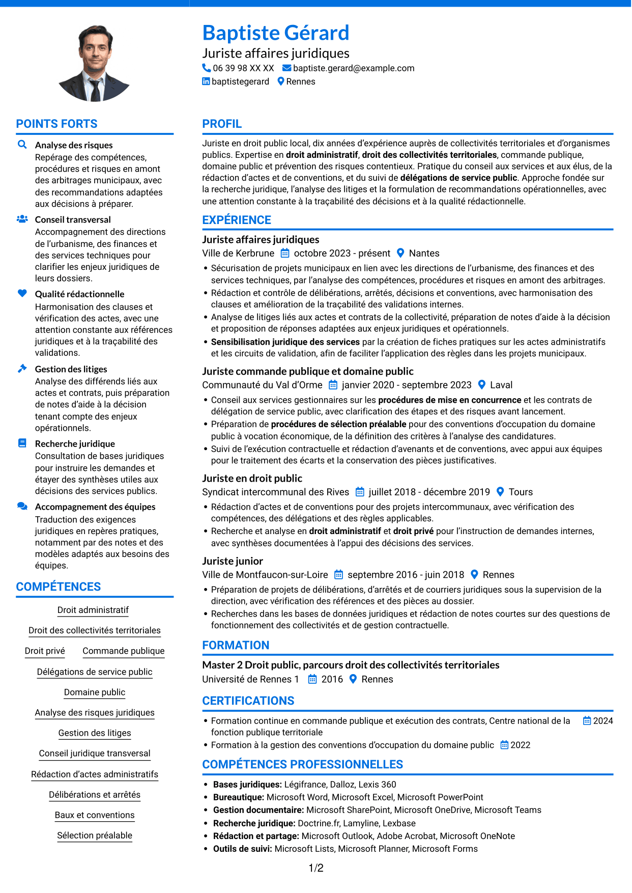CV Audacieux (format à deux colonnes avec accents colorés et photo) : Juriste généraliste - Droit des collectivités territoriales, page 1