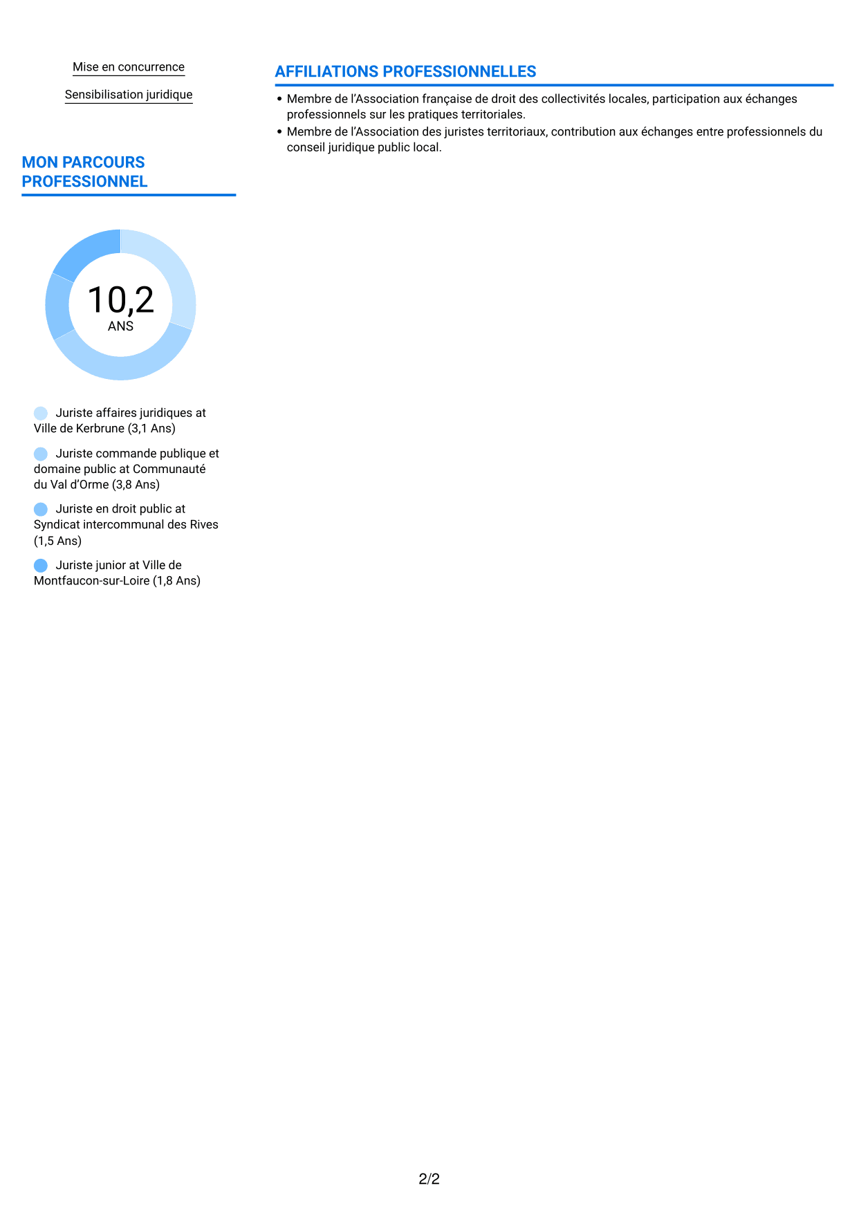 CV Audacieux (format à deux colonnes avec accents colorés et photo) : Juriste généraliste - Droit des collectivités territoriales, page 2