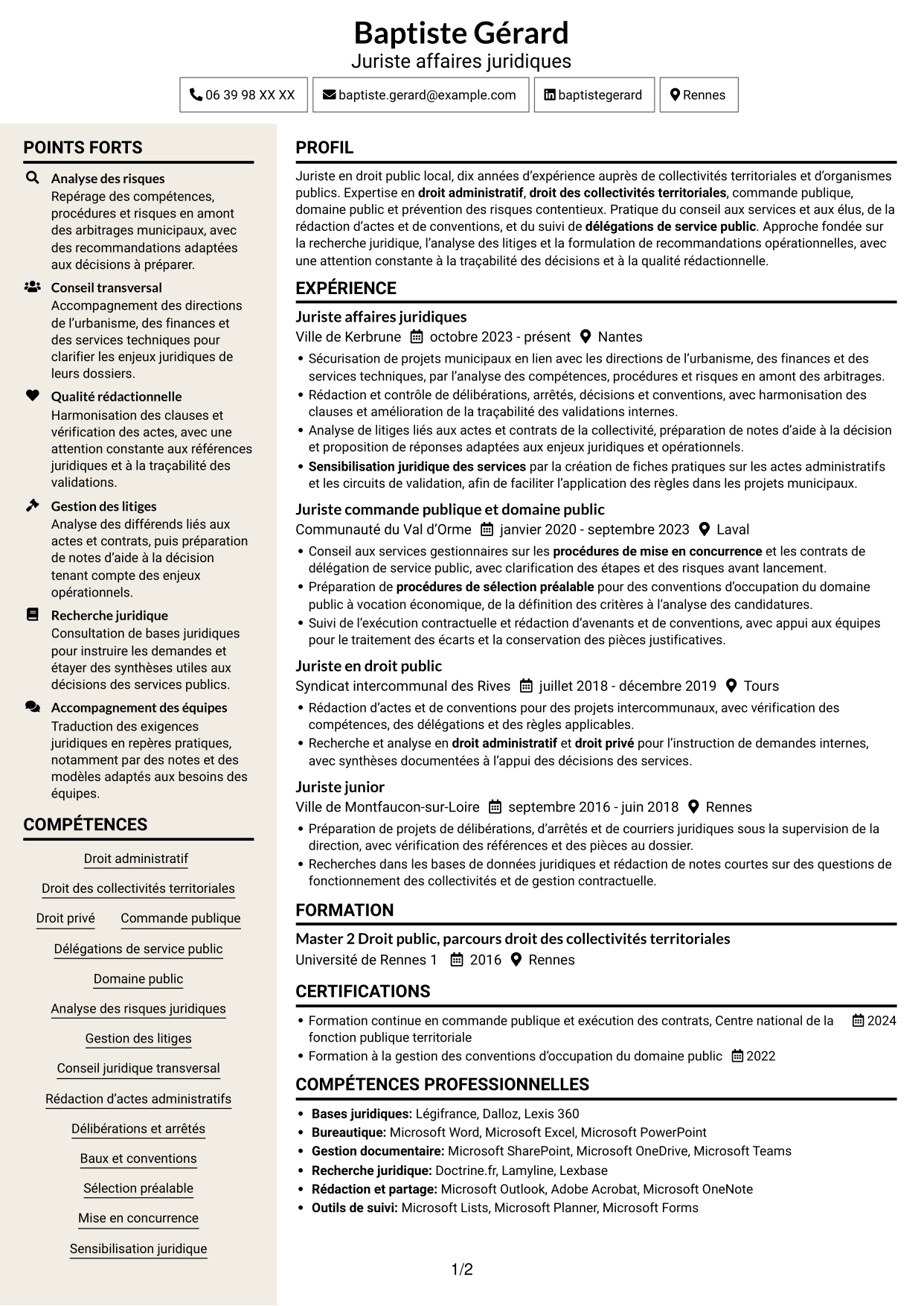 CV Fonceur (format à deux colonnes avec en-tête centré sans photo) : Juriste généraliste - Droit des collectivités territoriales, page 1