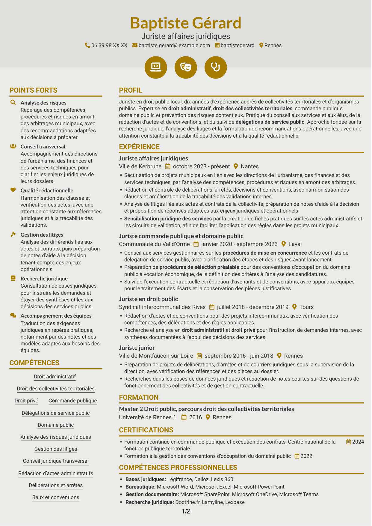 CV Dynamique (format à deux colonnes avec icônes) : Juriste généraliste - Droit des collectivités territoriales, page 1