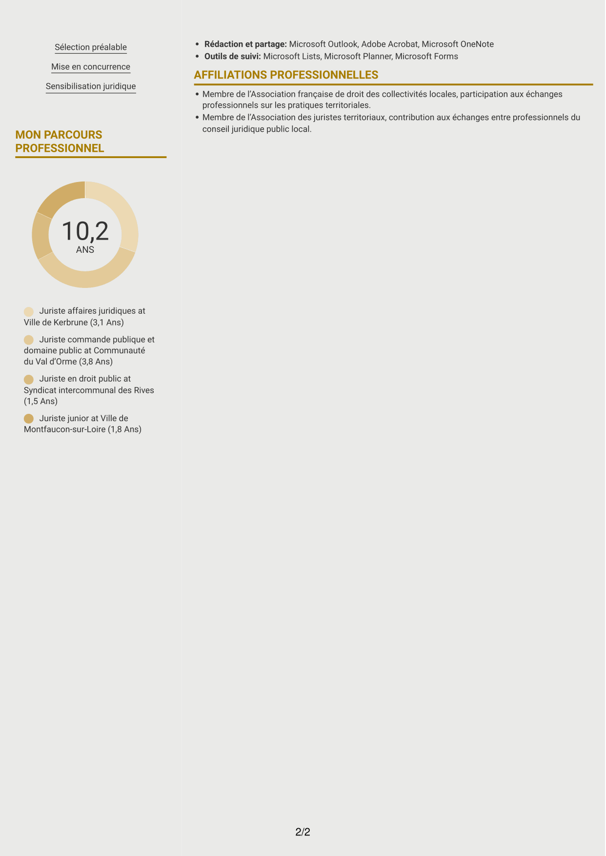 CV Dynamique (format à deux colonnes avec icônes) : Juriste généraliste - Droit des collectivités territoriales, page 2