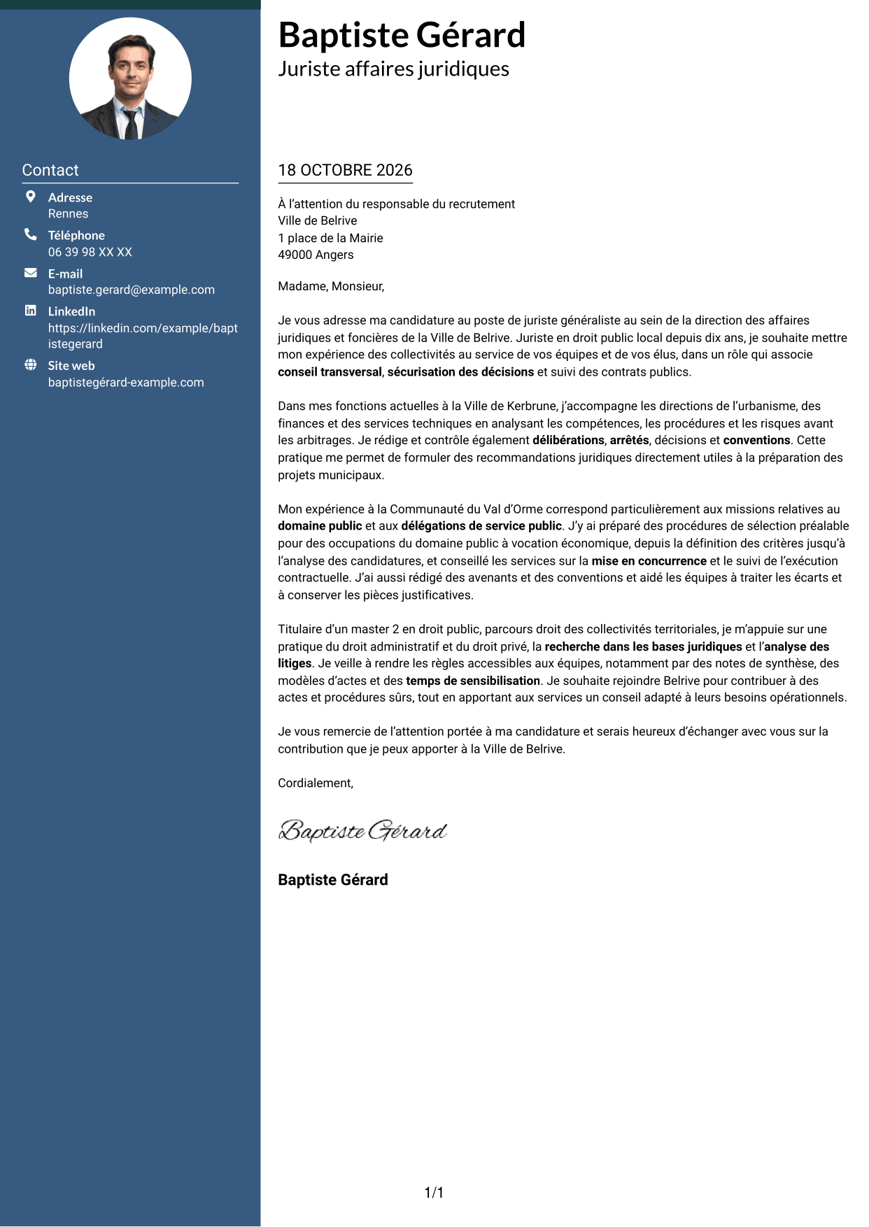 Lettre de motivation Élégant (format à colonne latérale colorée avec photo) : Juriste généraliste - Droit des collectivités territoriales, page 1