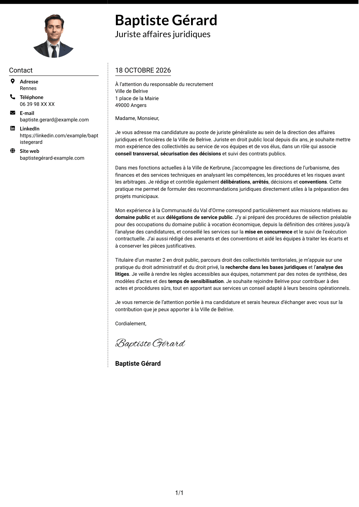 Lettre de motivation Moderne (format à deux colonnes avec photo à gauche et séparateur) : Juriste généraliste - Droit des collectivités territoriales, page 1