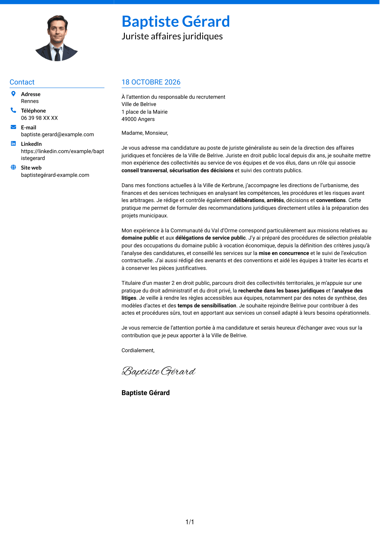 Lettre de motivation Audacieux (format à deux colonnes avec accents colorés et photo) : Juriste généraliste - Droit des collectivités territoriales, page 1