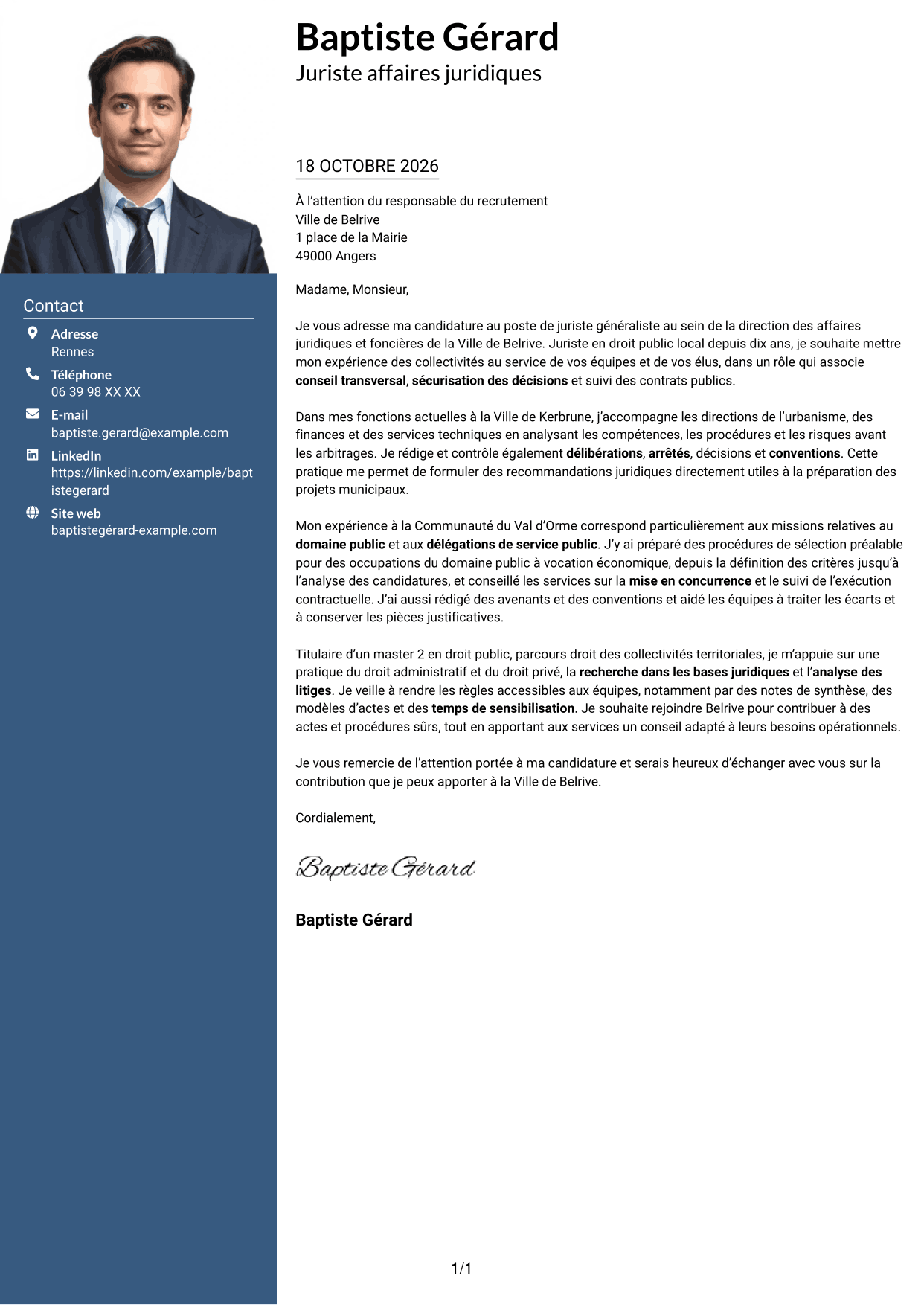 Lettre de motivation Signature (format à colonne latérale colorée avec grande photo) : Juriste généraliste - Droit des collectivités territoriales, page 1