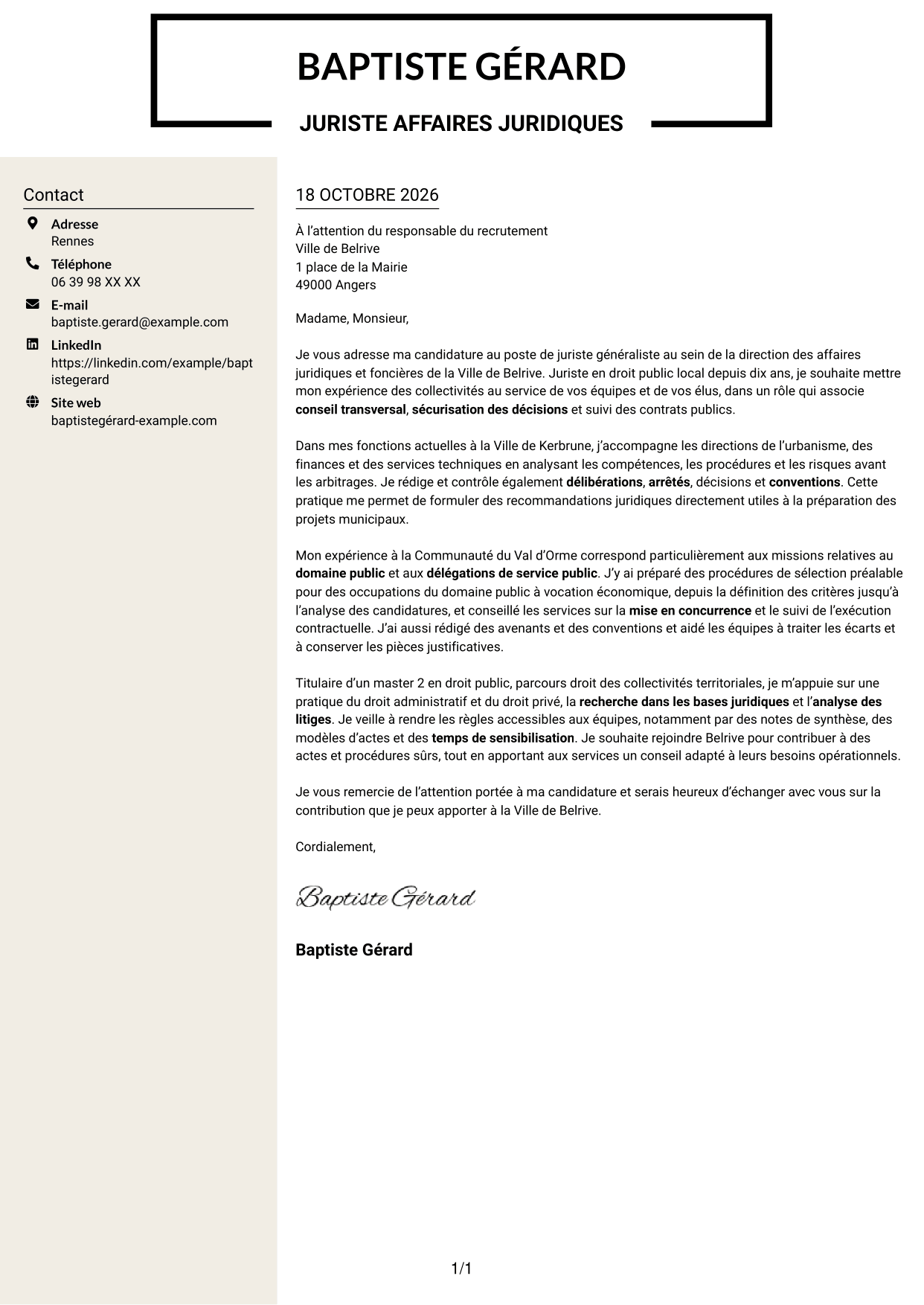 Lettre de motivation Fonceur (format à deux colonnes avec en-tête centré sans photo) : Juriste généraliste - Droit des collectivités territoriales, page 1