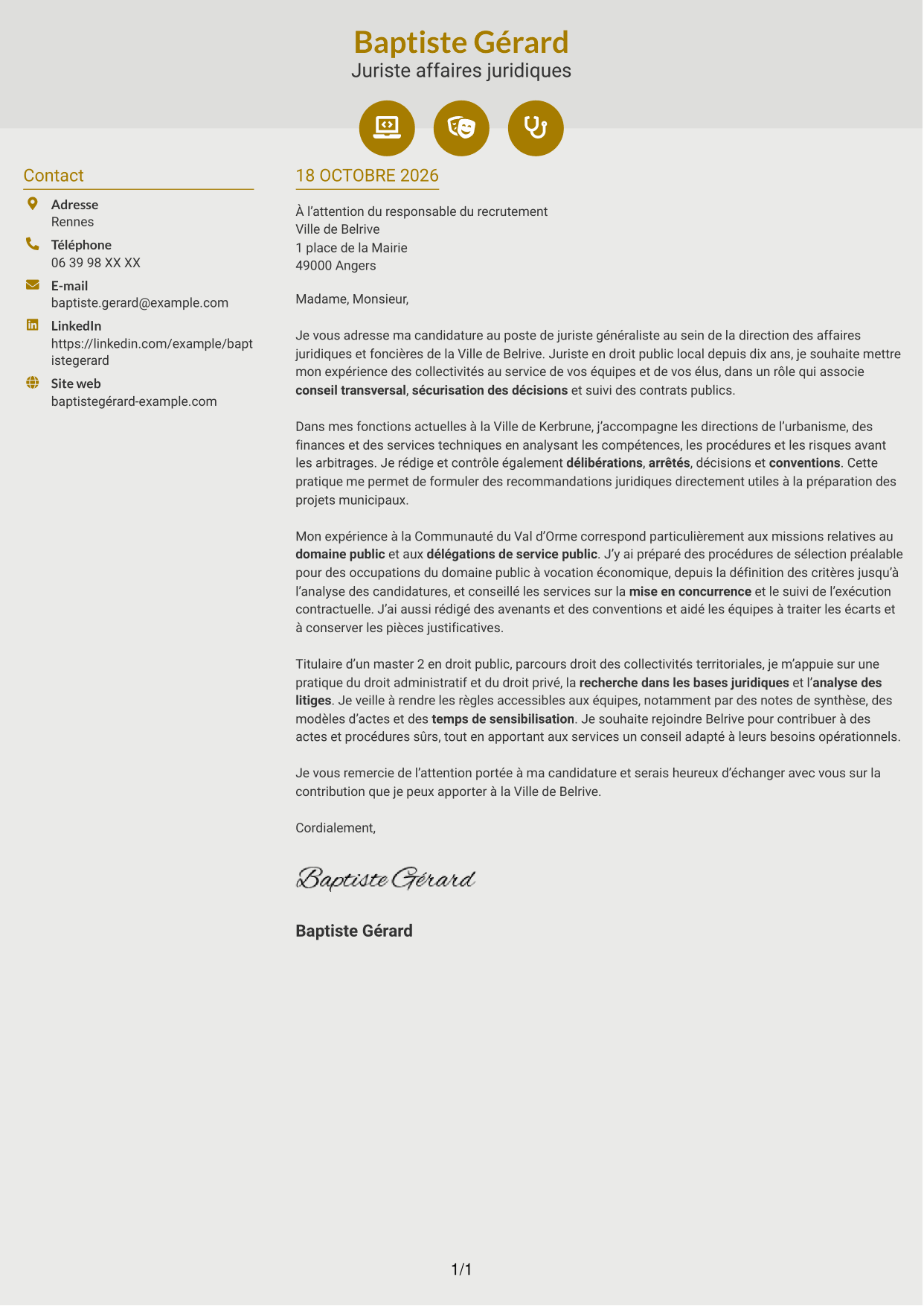 Lettre de motivation Dynamique (format à deux colonnes avec icônes) : Juriste généraliste - Droit des collectivités territoriales, page 1