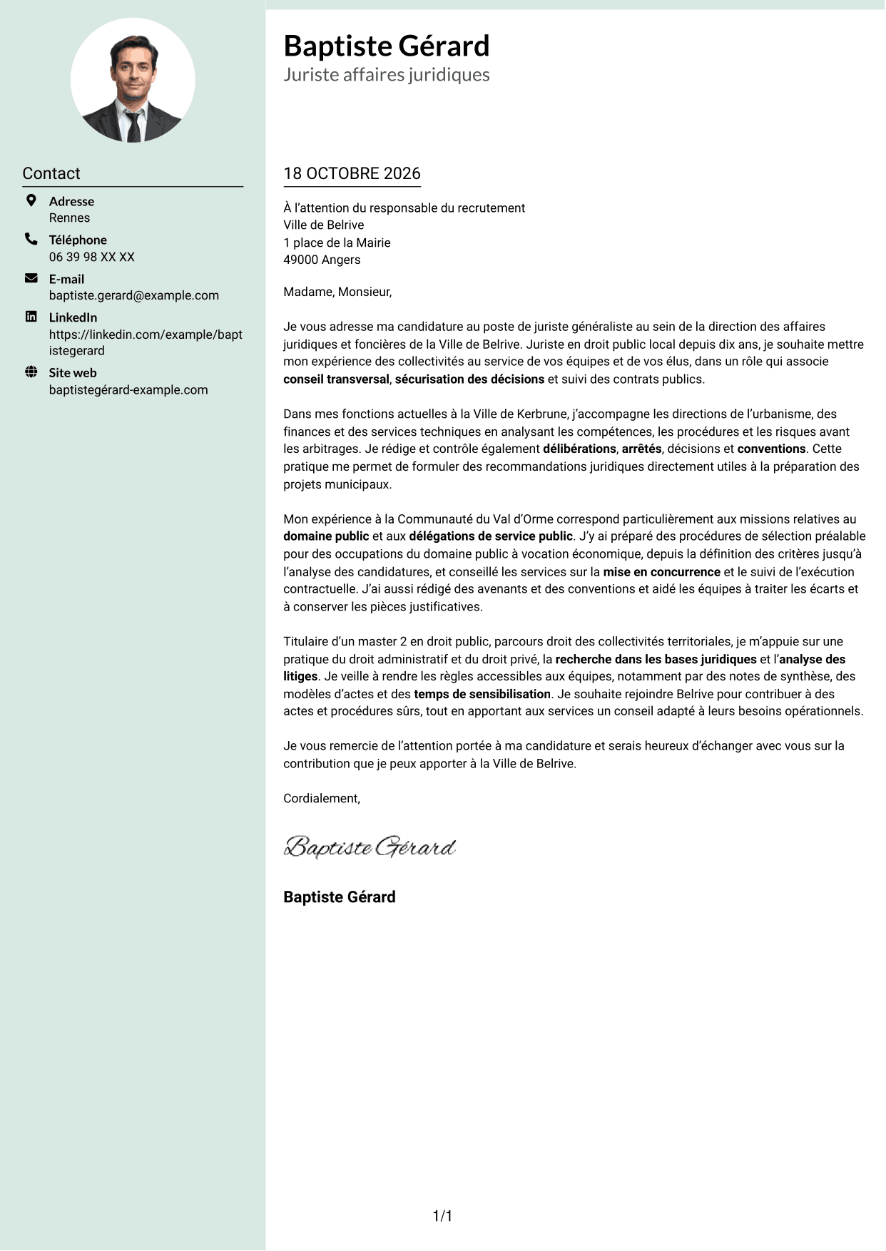 Lettre de motivation Cadre (format à colonne latérale douce avec photo arrondie) : Juriste généraliste - Droit des collectivités territoriales, page 1