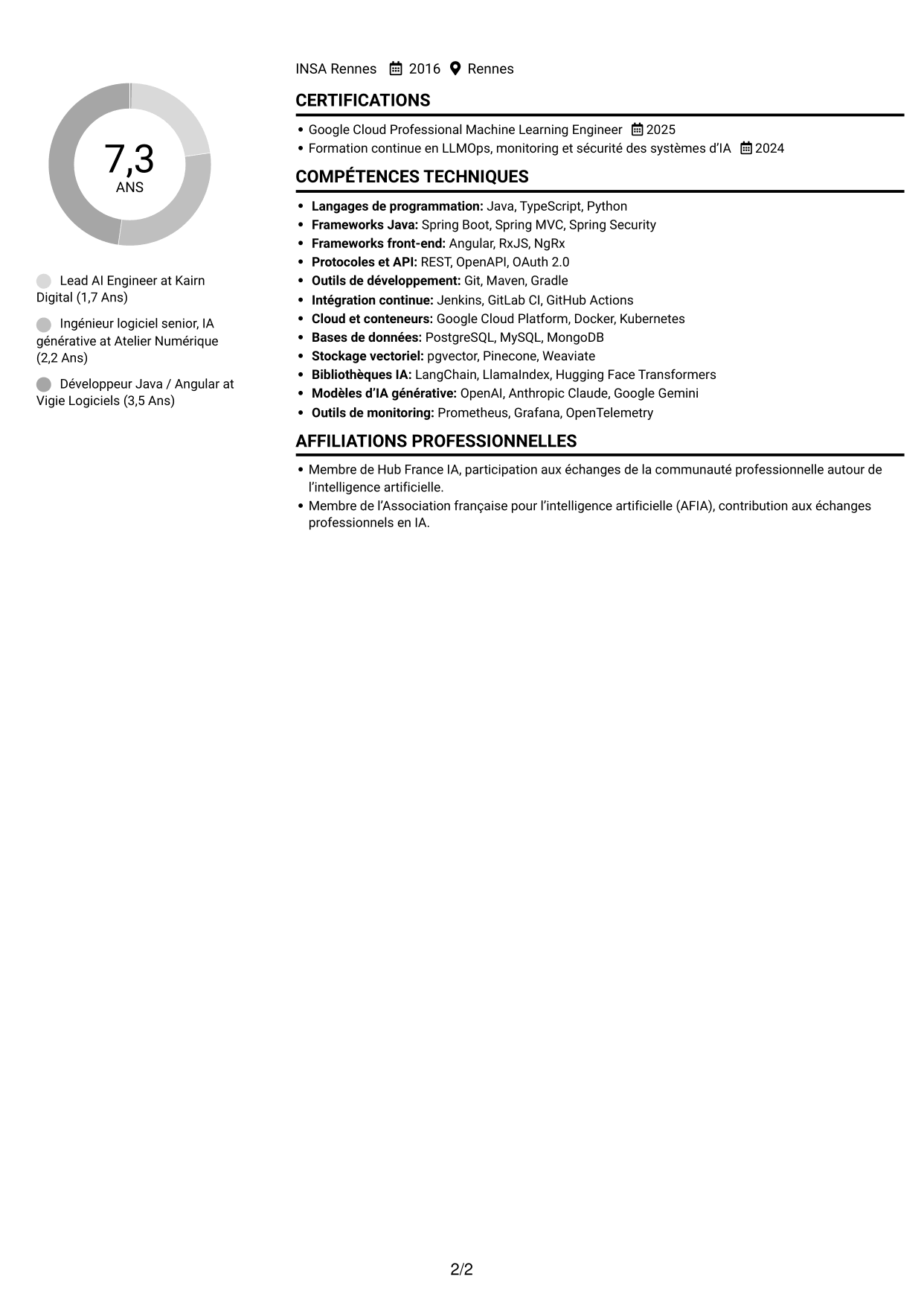 CV Compact (format sobre à deux colonnes avec photo) : Lead AI Engineer - GenAI, RAG et agents IA, page 2