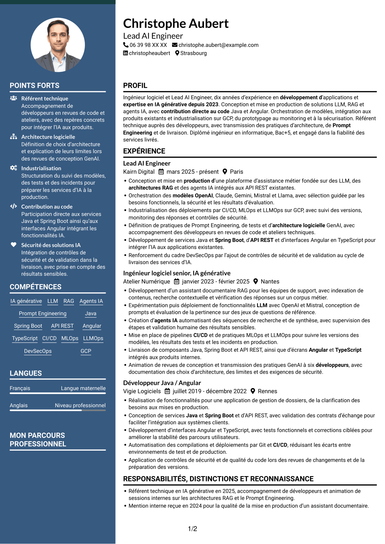CV Élégant (format à colonne latérale colorée avec photo) : Lead AI Engineer - GenAI, RAG et agents IA, page 1