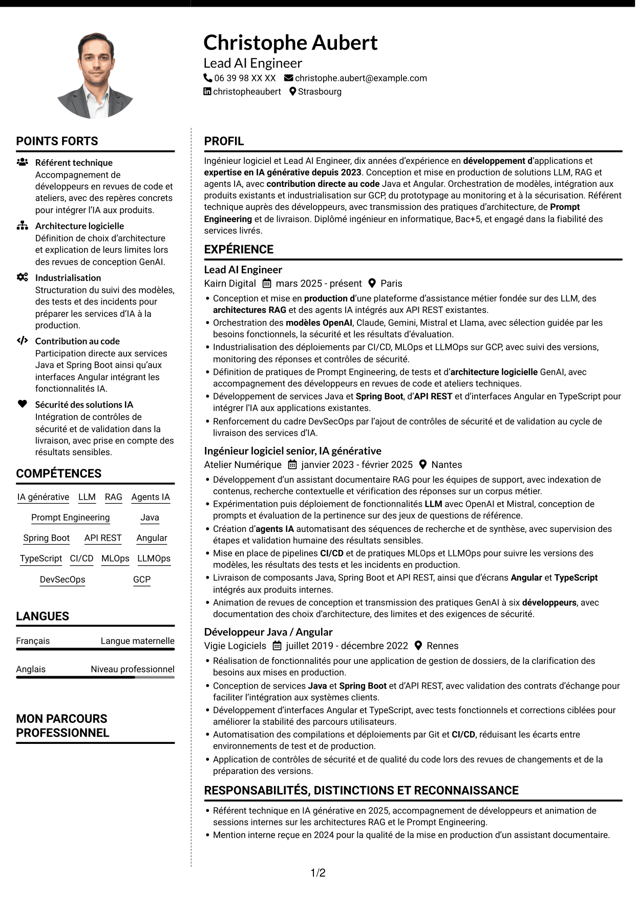 CV Moderne (format à deux colonnes avec photo à gauche et séparateur) : Lead AI Engineer - GenAI, RAG et agents IA, page 1