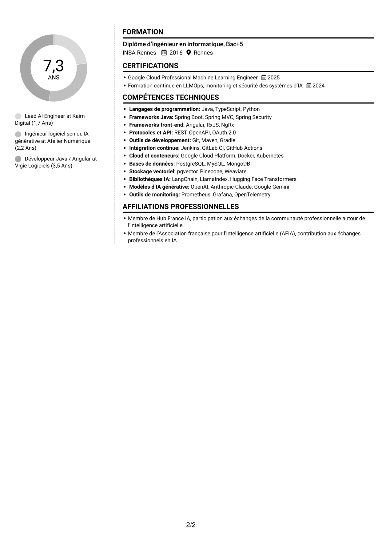 CV Moderne (format à deux colonnes avec photo à gauche et séparateur) : Lead AI Engineer - GenAI, RAG et agents IA, page 2