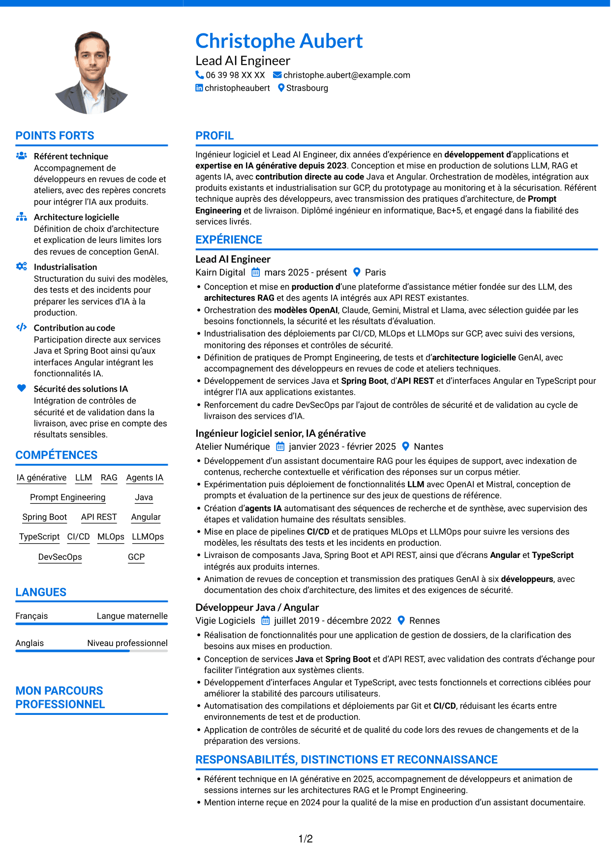 CV Audacieux (format à deux colonnes avec accents colorés et photo) : Lead AI Engineer - GenAI, RAG et agents IA, page 1