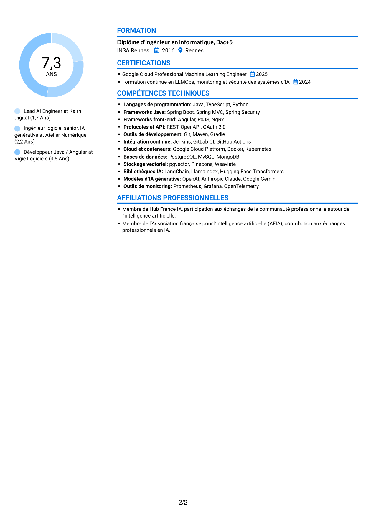 CV Audacieux (format à deux colonnes avec accents colorés et photo) : Lead AI Engineer - GenAI, RAG et agents IA, page 2