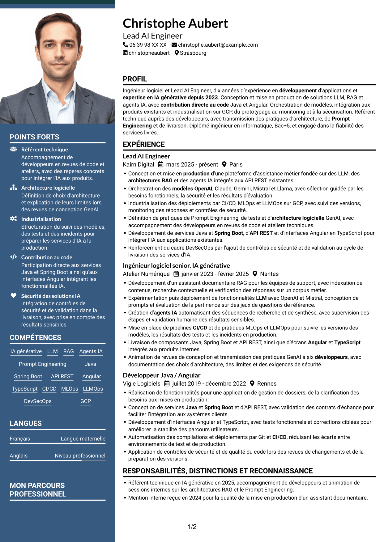 CV Signature (format à colonne latérale colorée avec grande photo) : Lead AI Engineer - GenAI, RAG et agents IA, page 1