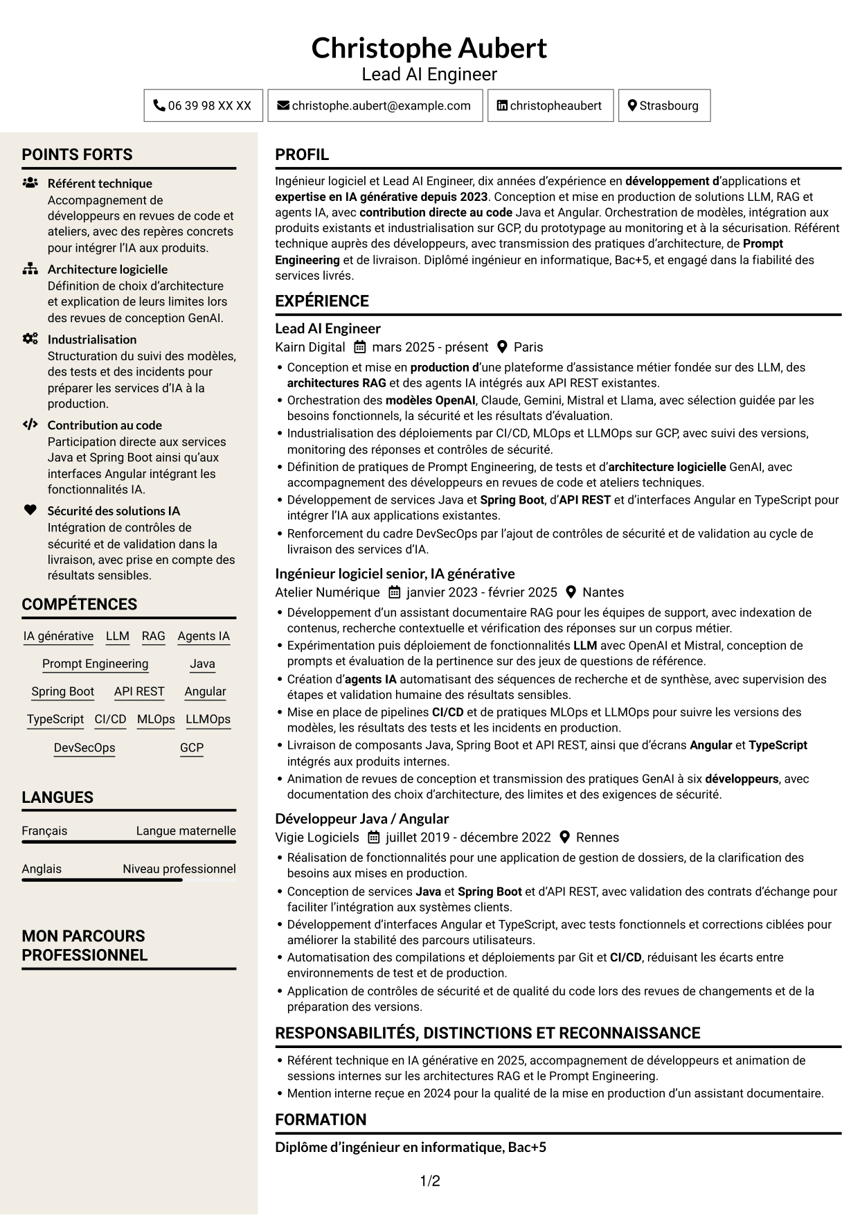 CV Fonceur (format à deux colonnes avec en-tête centré sans photo) : Lead AI Engineer - GenAI, RAG et agents IA, page 1