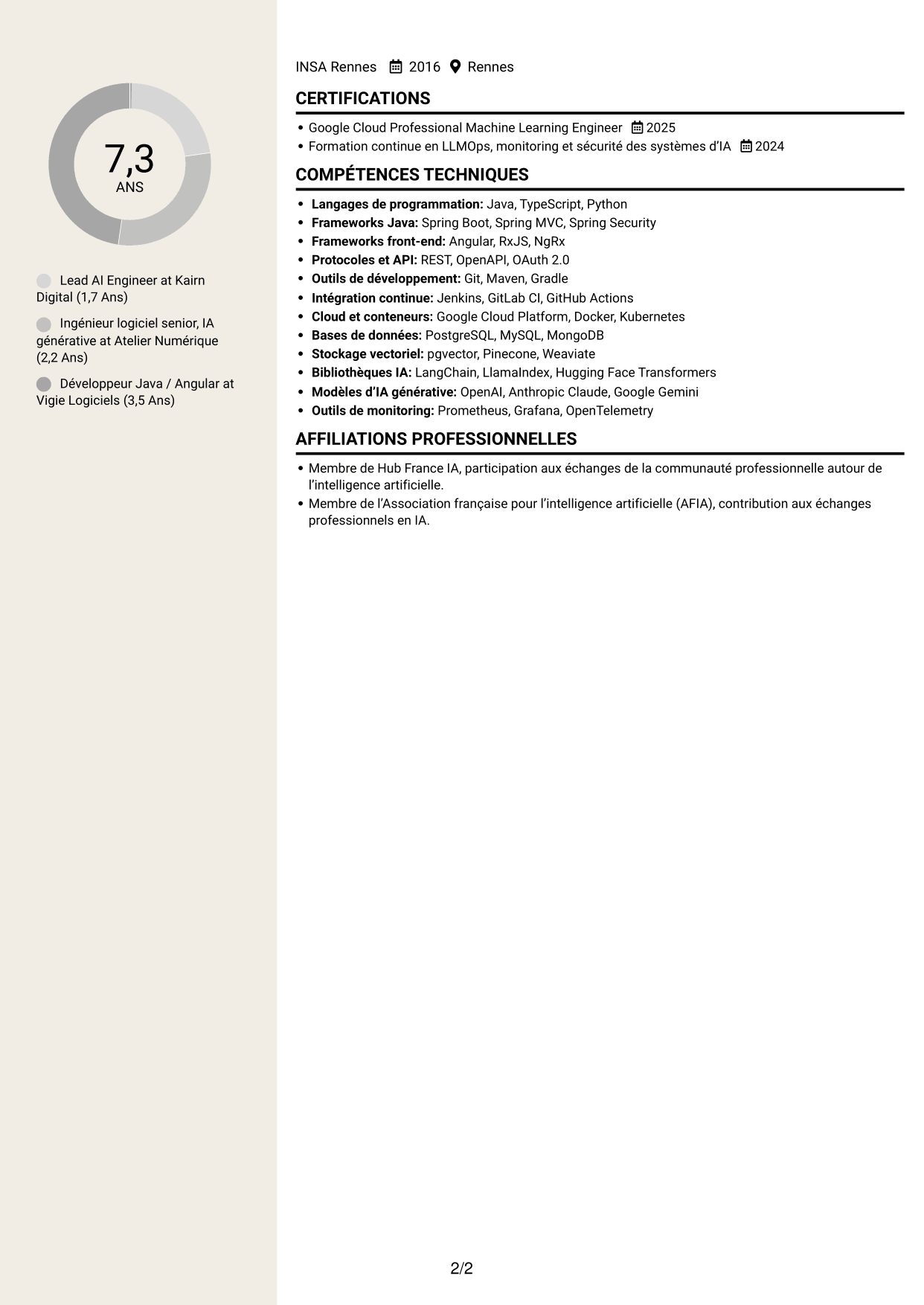 CV Fonceur (format à deux colonnes avec en-tête centré sans photo) : Lead AI Engineer - GenAI, RAG et agents IA, page 2
