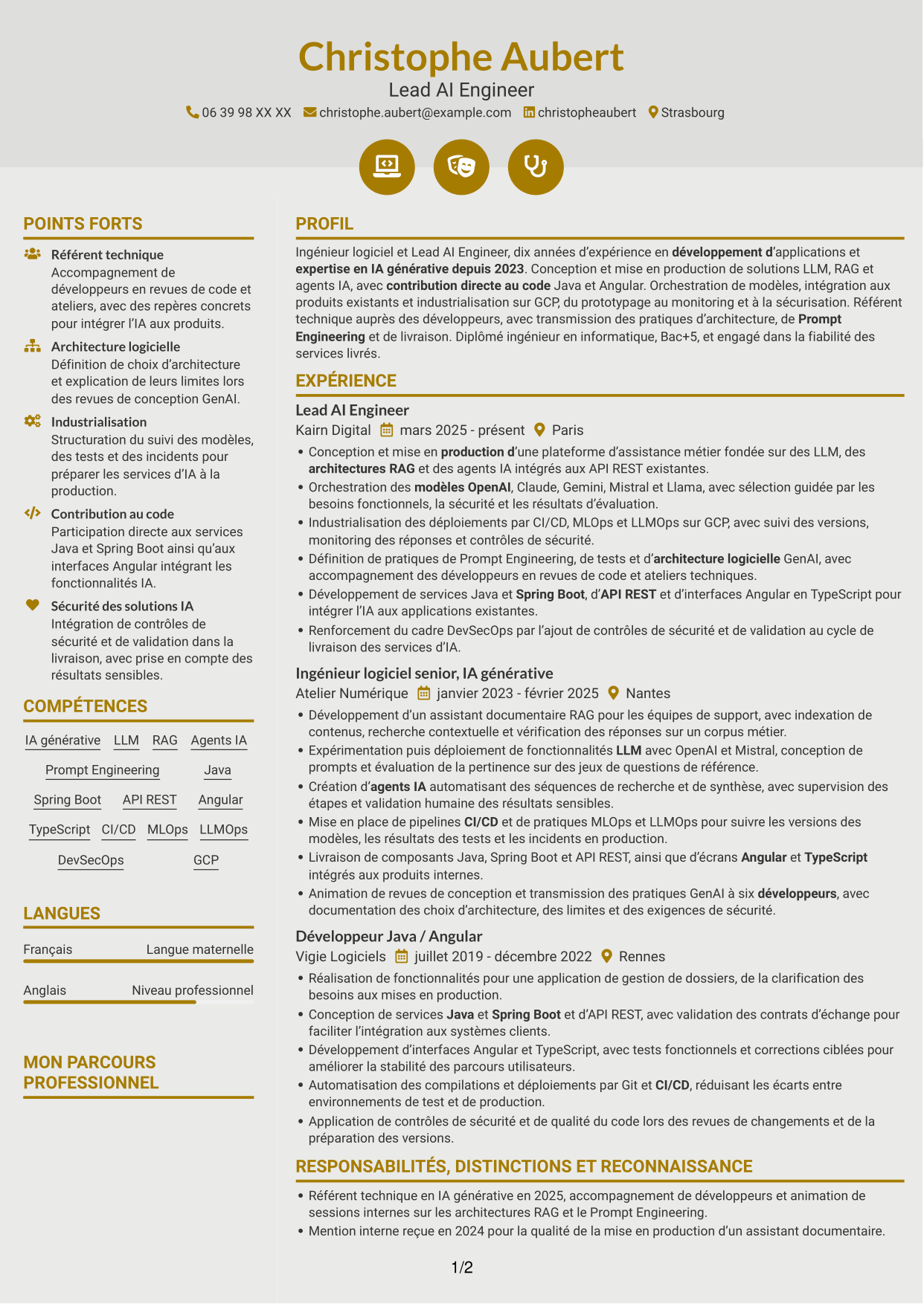 CV Dynamique (format à deux colonnes avec icônes) : Lead AI Engineer - GenAI, RAG et agents IA, page 1