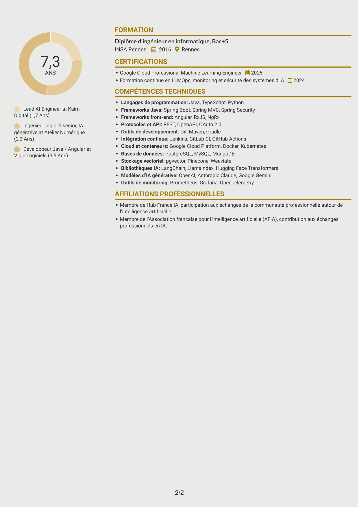 CV Dynamique (format à deux colonnes avec icônes) : Lead AI Engineer - GenAI, RAG et agents IA, page 2