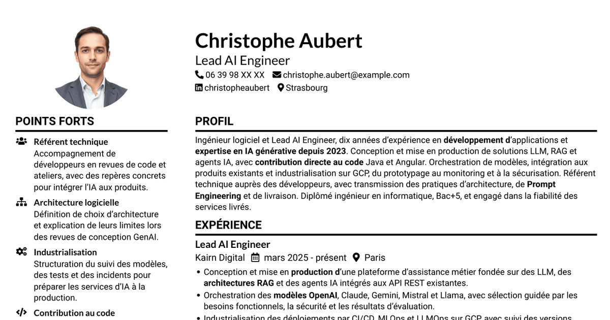 7 modèles de CV pour Lead AI Engineer - GenAI, RAG et agents IA, avec exemples