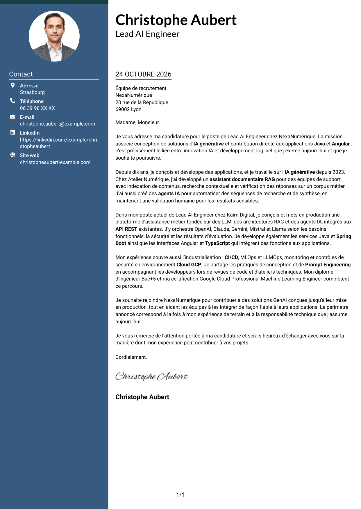 Lettre de motivation Élégant (format à colonne latérale colorée avec photo) : Lead AI Engineer - GenAI, RAG et agents IA, page 1