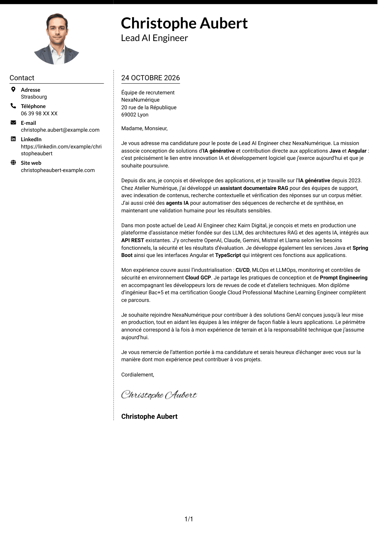 Lettre de motivation Moderne (format à deux colonnes avec photo à gauche et séparateur) : Lead AI Engineer - GenAI, RAG et agents IA, page 1
