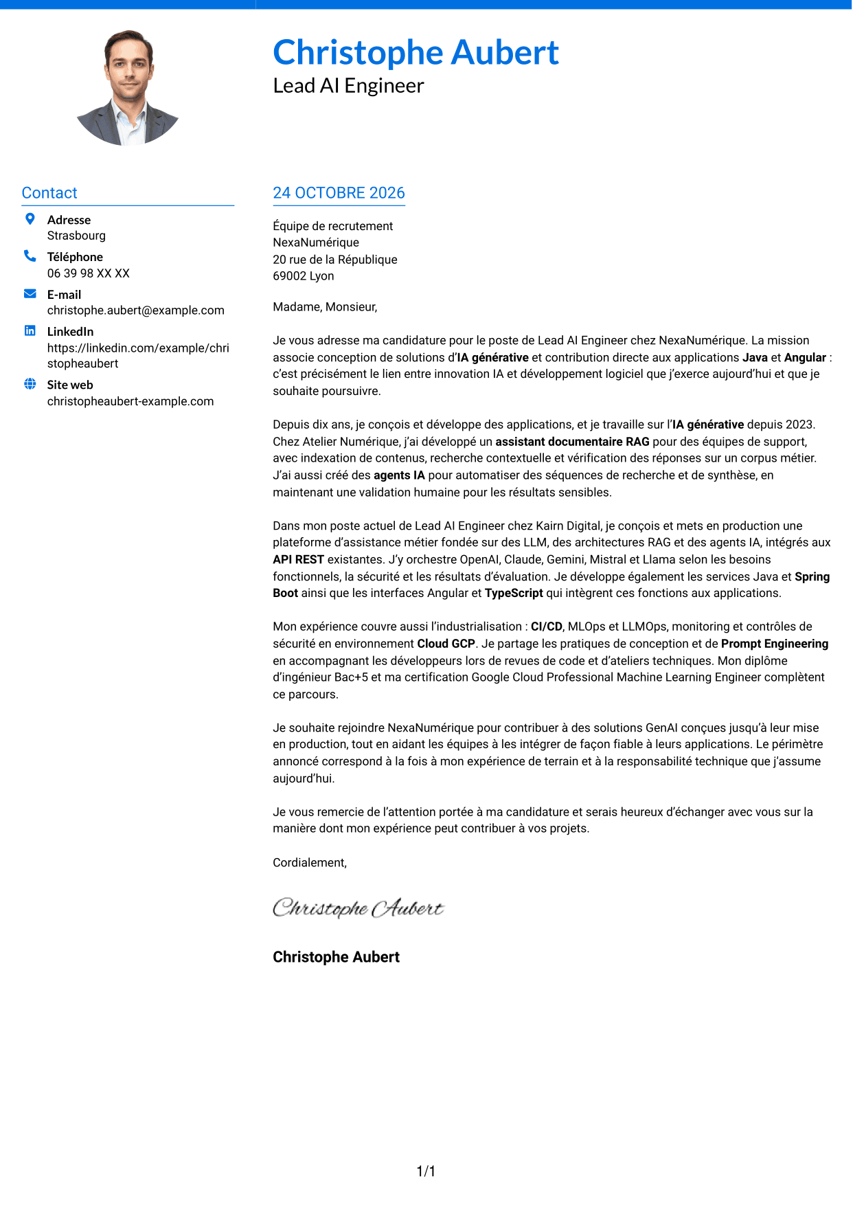 Lettre de motivation Audacieux (format à deux colonnes avec accents colorés et photo) : Lead AI Engineer - GenAI, RAG et agents IA, page 1