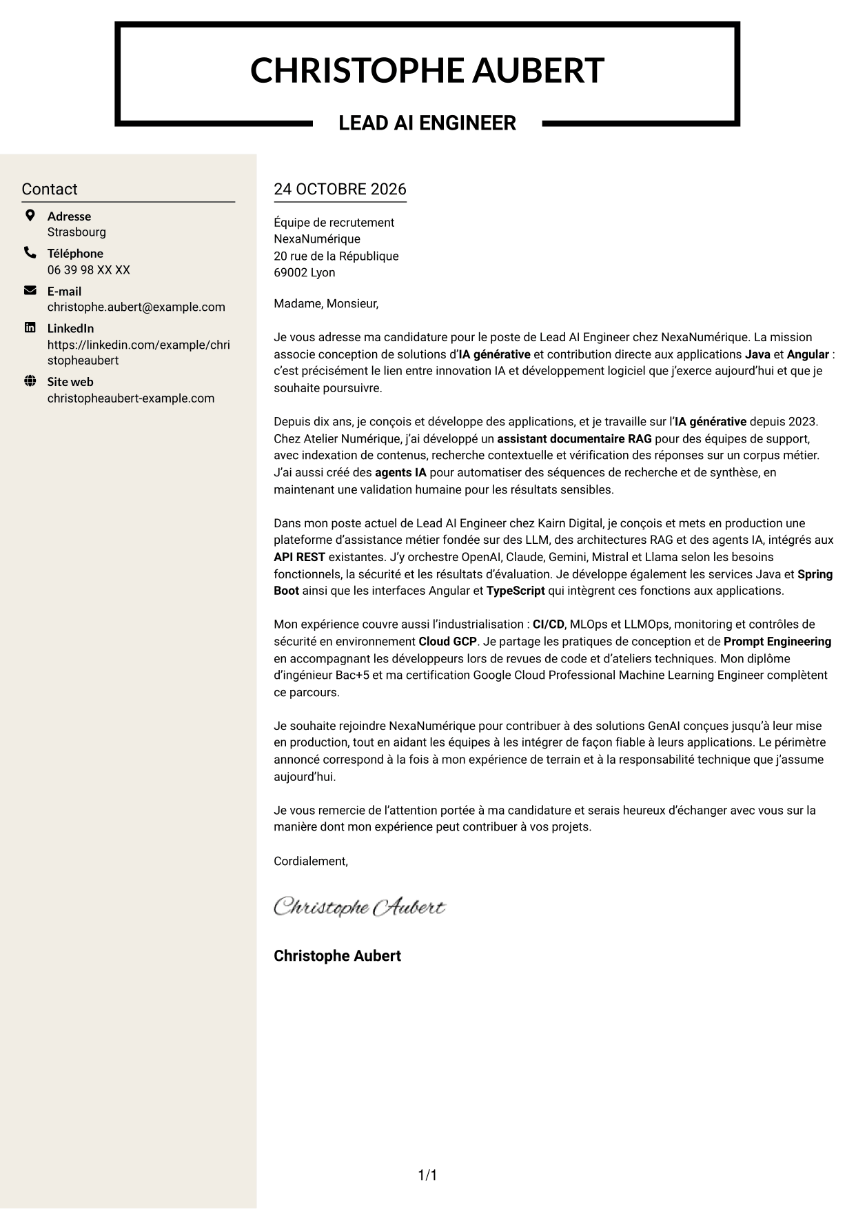 Lettre de motivation Fonceur (format à deux colonnes avec en-tête centré sans photo) : Lead AI Engineer - GenAI, RAG et agents IA, page 1