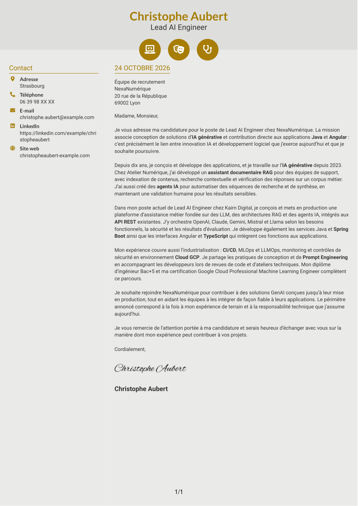 Lettre de motivation Dynamique (format à deux colonnes avec icônes) : Lead AI Engineer - GenAI, RAG et agents IA, page 1