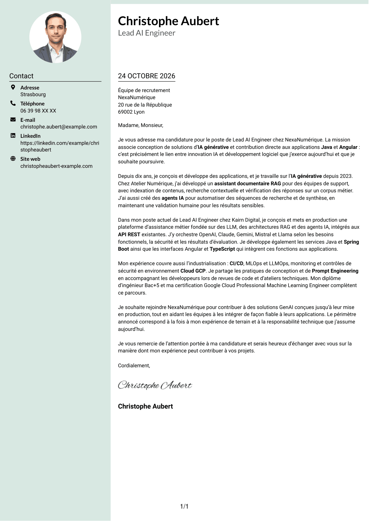 Lettre de motivation Cadre (format à colonne latérale douce avec photo arrondie) : Lead AI Engineer - GenAI, RAG et agents IA, page 1
