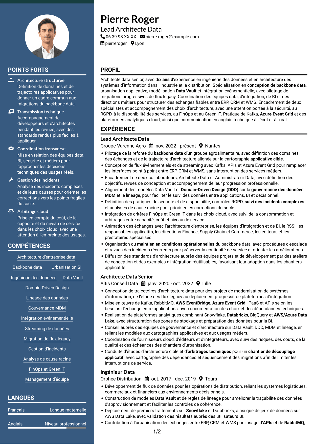CV Élégant (format à colonne latérale colorée avec photo) : Lead Architecte Data - Backbone Data, page 1