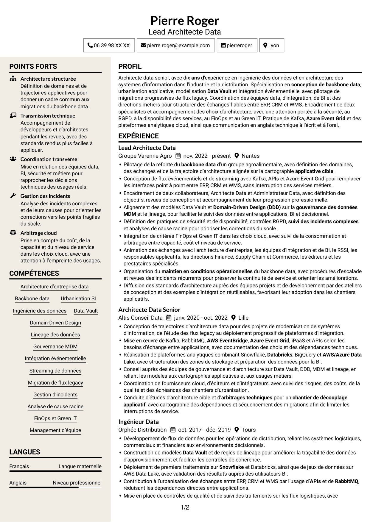 CV Fonceur (format à deux colonnes avec en-tête centré sans photo) : Lead Architecte Data - Backbone Data, page 1